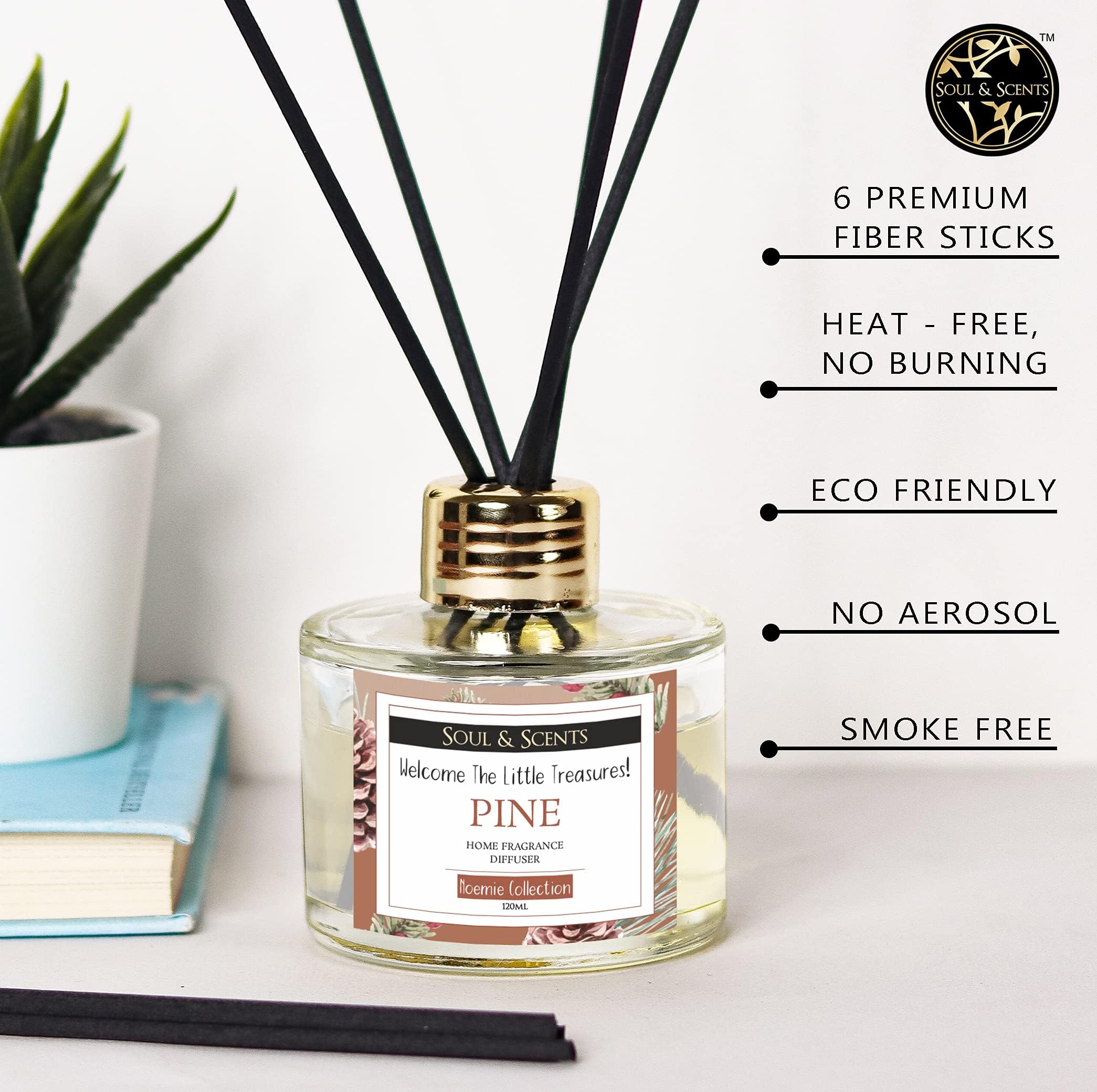 Soul & Scents Pine Reed Diffuser Set - 120ml with Free 6 Fiber Reed Sticks Each | Toxin Free & Stress Relief | Long Lasting | Smoke Less Room Freshener for Home, Bedroom & Office | Pack of 2