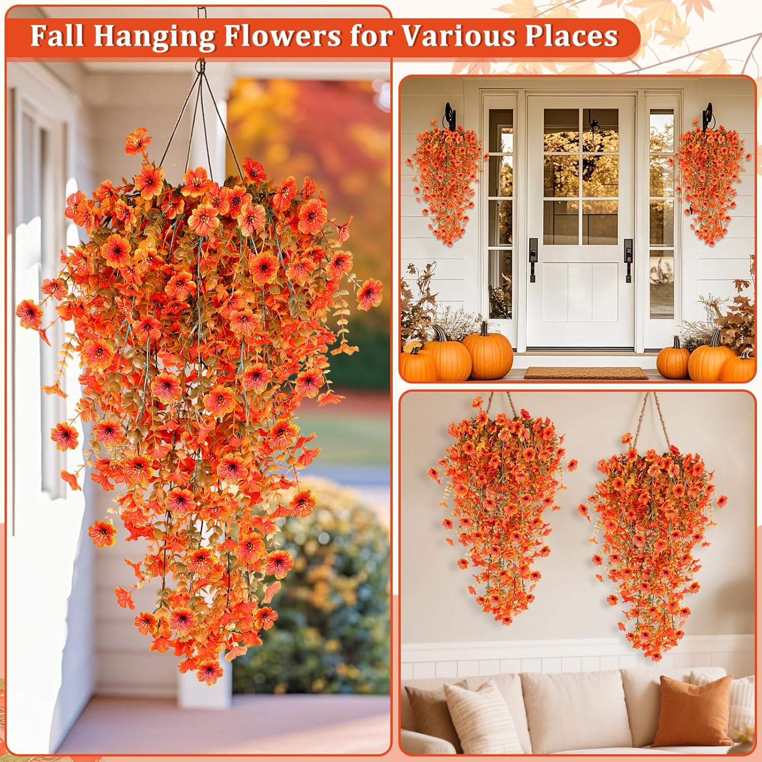 TURNMEON 4 Pcs Artificial Hanging Fall Flowers Fall Decorations, Fake Mums for Outdoors UV Resistant Hanging Plants Faux Silk Daisy Flowers for Autumn Decor Home Indoor Outside Gardens Porch (Orange) - Image 2