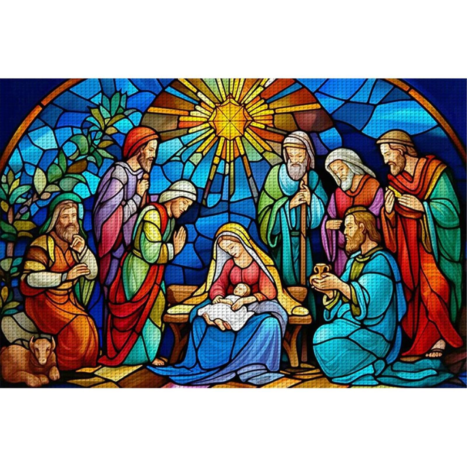 Easter Stained Glass The Birth of Jesus 11CT Stamped Cross Stitch Kits for Adults - Needlepoint Kits for Beginners, Embroidery Ornament Kit for Home Decor & Gifts(60 * 40cm)