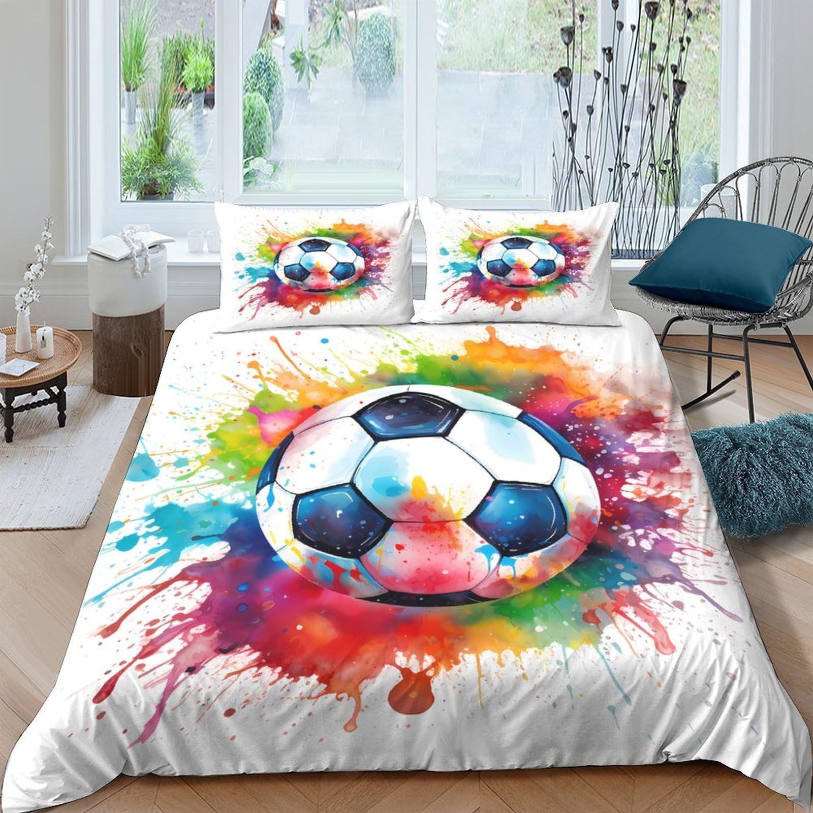 Ctjqhvkz Style-4 3D Printed Colorful Soccer Fitted Sheet Microfiber Splash Art Bed Cover For Bedroom Guest Room Easy Care Decor Single（135X200cm）