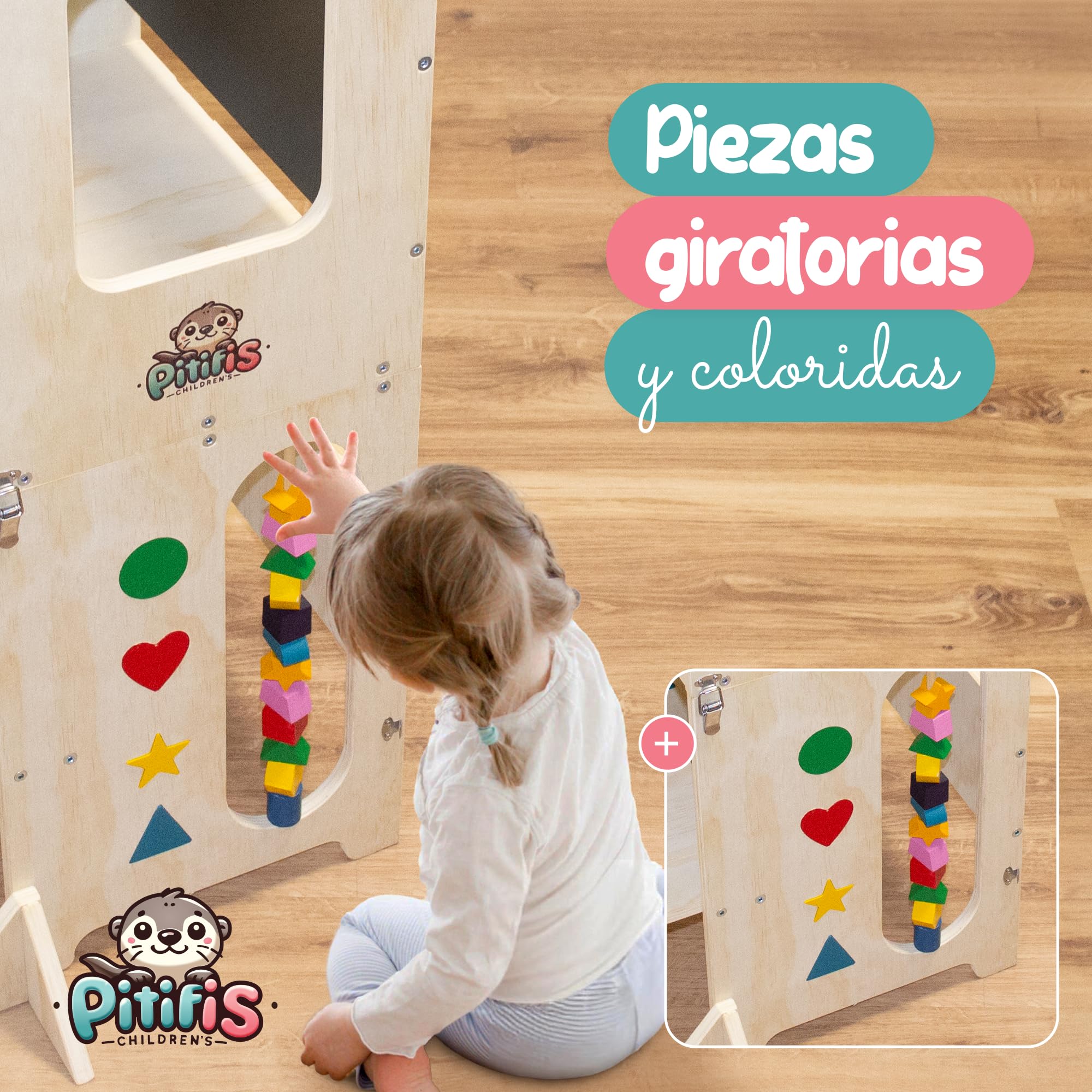 Torre de Aprendizaje Montessori 4 en 1 Pitifis | Torre de Aprendizaje para Niños con Pizarra y Escritorio | Taburete Cocina Infantil de Madera | Diseño Estable y Seguro | 90 x 31 x 45 cm