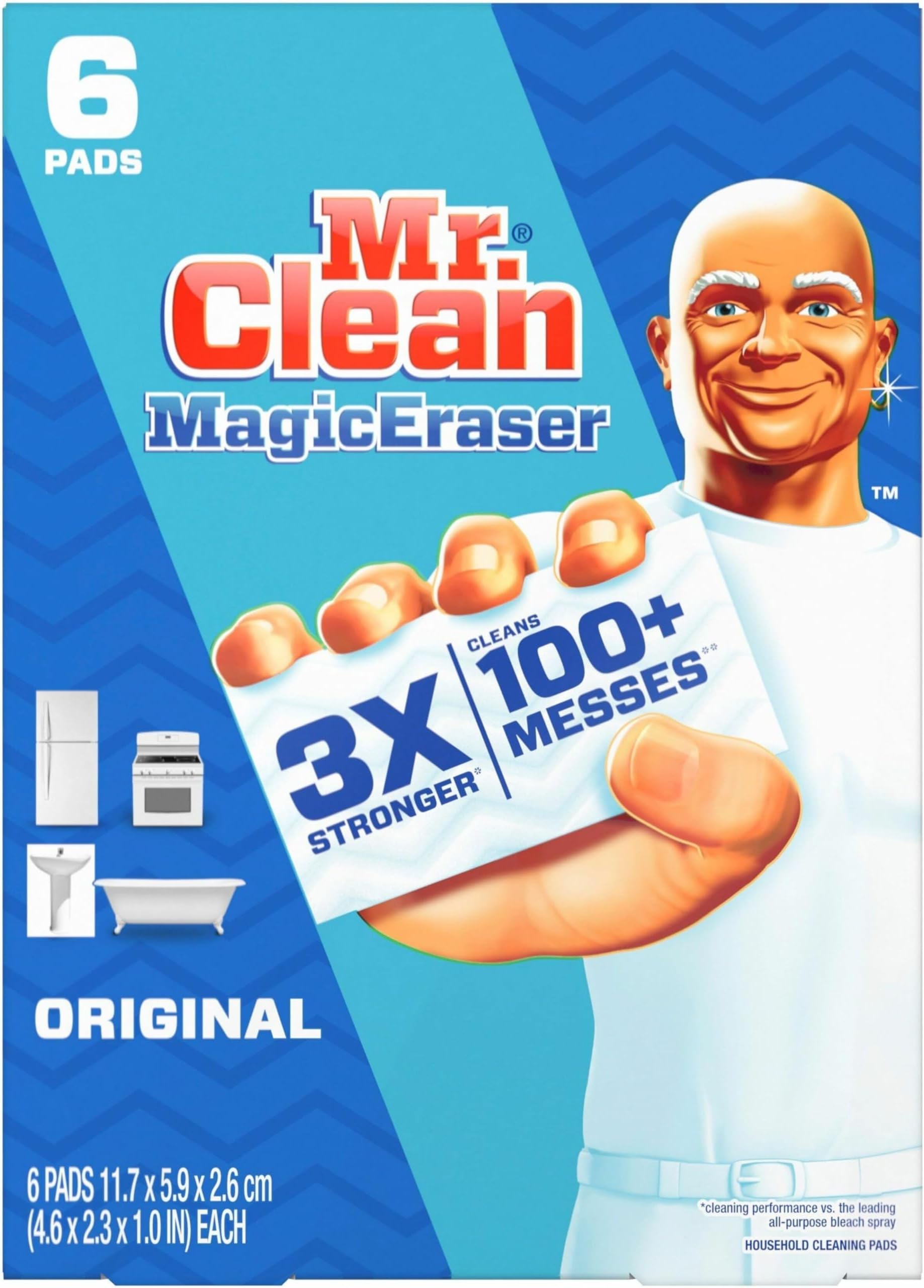 Mr. Clean Magic Eraser, 2.3 X 4.6, 1" Thick, White, 6/pack, 6 Packs/carton