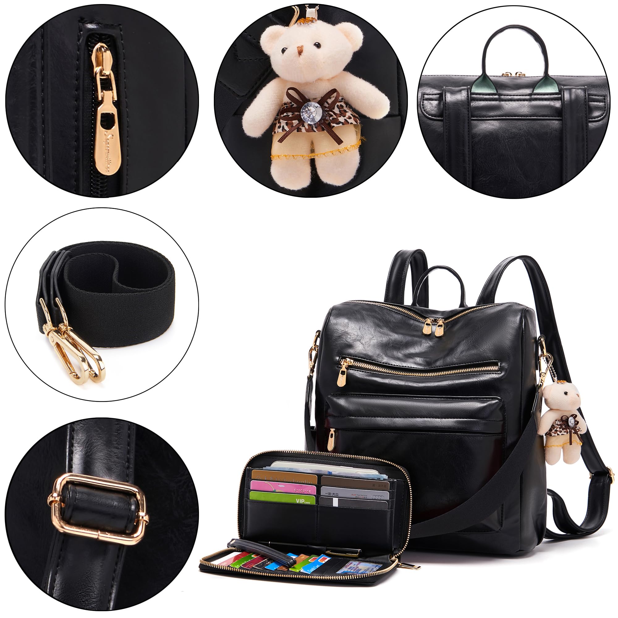 Mochila de moda para mujer, bolsos de diseño multiusos, bolso de hombro de cuero de la PU de viaje, cartera de 2 piezas, Negro, Mochilas Tote
