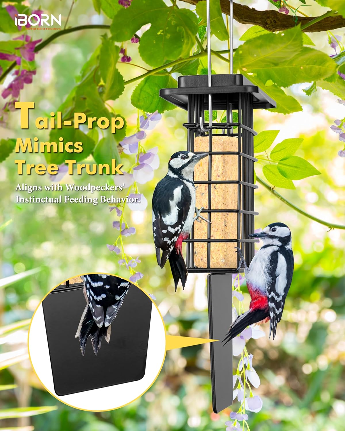 iBorn Deck Hook for Bird Feeder,360° Rotatable Arm, 28 Inch, Pack of 1 + Metal Suet Feeder with Tail Prop Heavy-Duty Woodpecker Feeder,Black,1 Pack