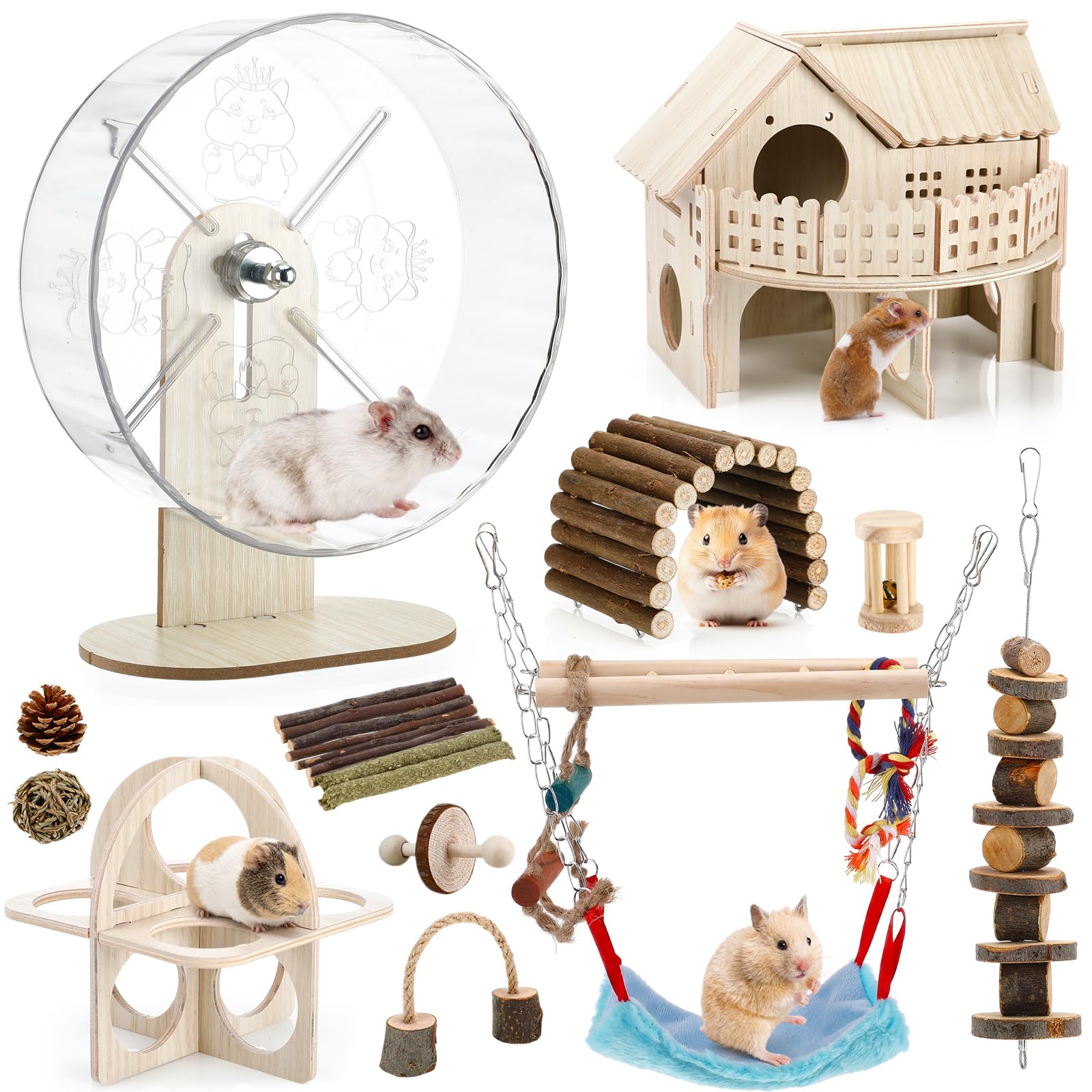 11 Pcs Hamster Cage Accessories, 9.5" Wooden Gerbil Wheel