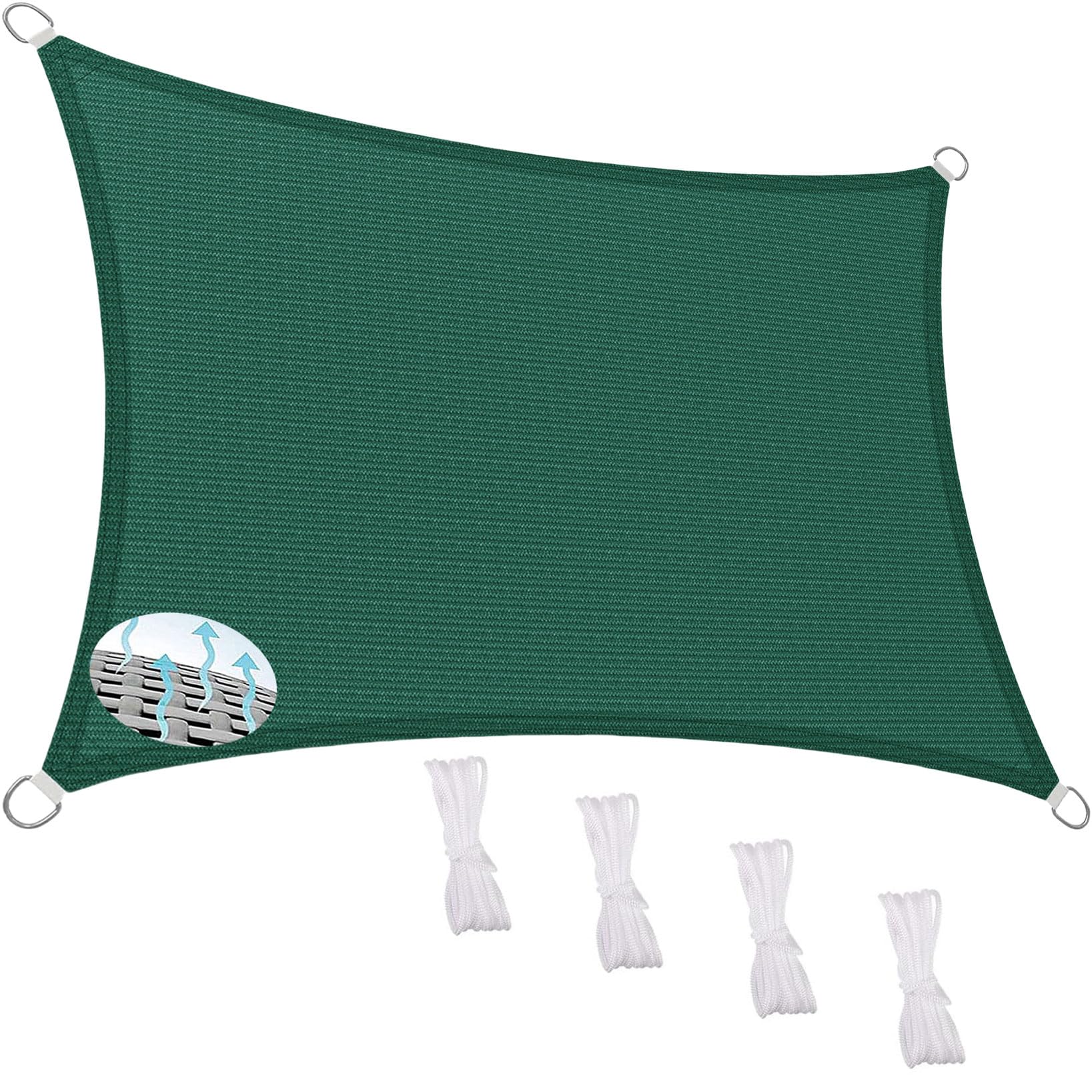 Prostokątny żagiel przeciwsłoneczny 350 x 360 cm, 95% ochrona przed promieniowaniem UV, oddychający materiał HDPE, blokada wiatru, regulowany sznurek, ciemnozielony baldachim do patio i ogrodu