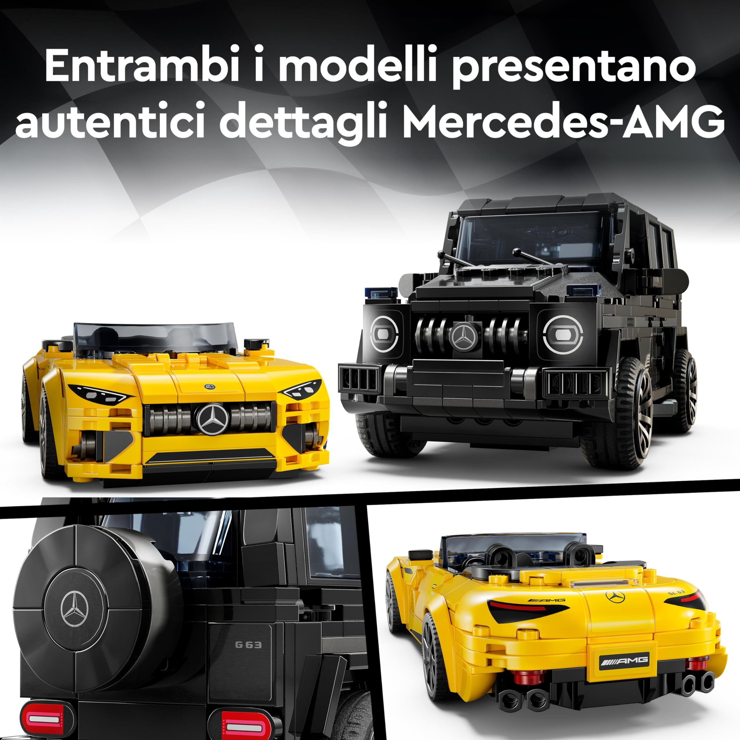 LEGO Speed Champions Mercedes-AMG G 63 e Mercedes-AMG SL 63, Macchine Giocattolo da Costruire, 2 Modellini di Auto per Bambini e Bambine da 10 Anni con Minifigure di Piloti, Regalo di Compleanno 76924