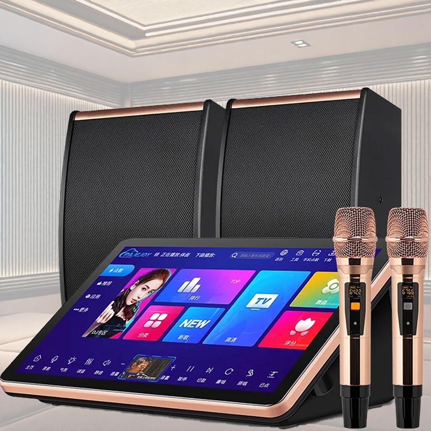 Karaoke System,KTV Player Karaoke Machine, 18.5 Inch Touch Screen Desktop, with Wireless Microphone Audio, AI Smart Voice Control, Support Multiple Languages(Black,10 Thousand Songs)