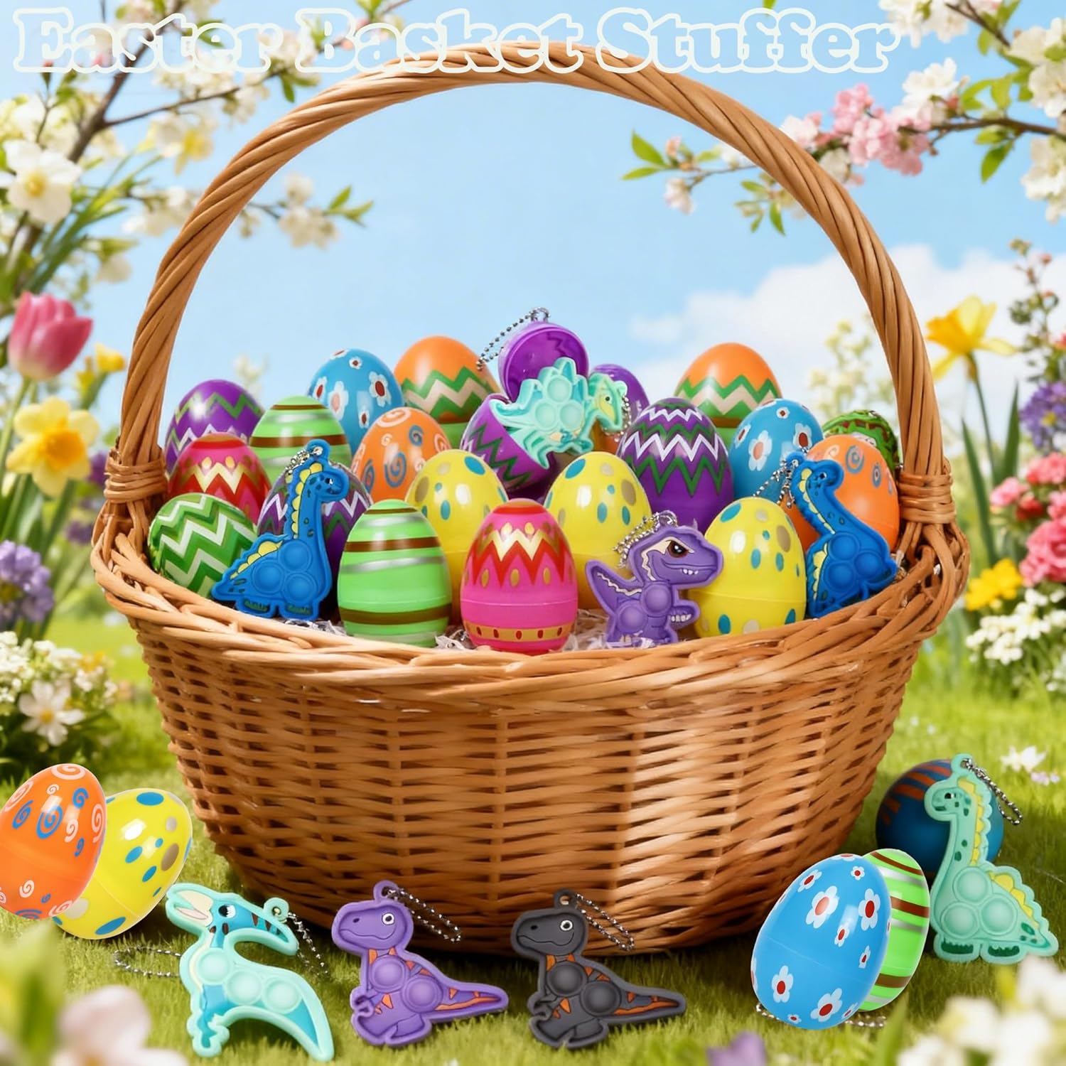 24 Pack Prefilled Easter Eggs with Dinosaur Pop Keychain Toys for Egg Hunt Easter Party Favors for Kids Boys Girls Easter Basket Stuffers