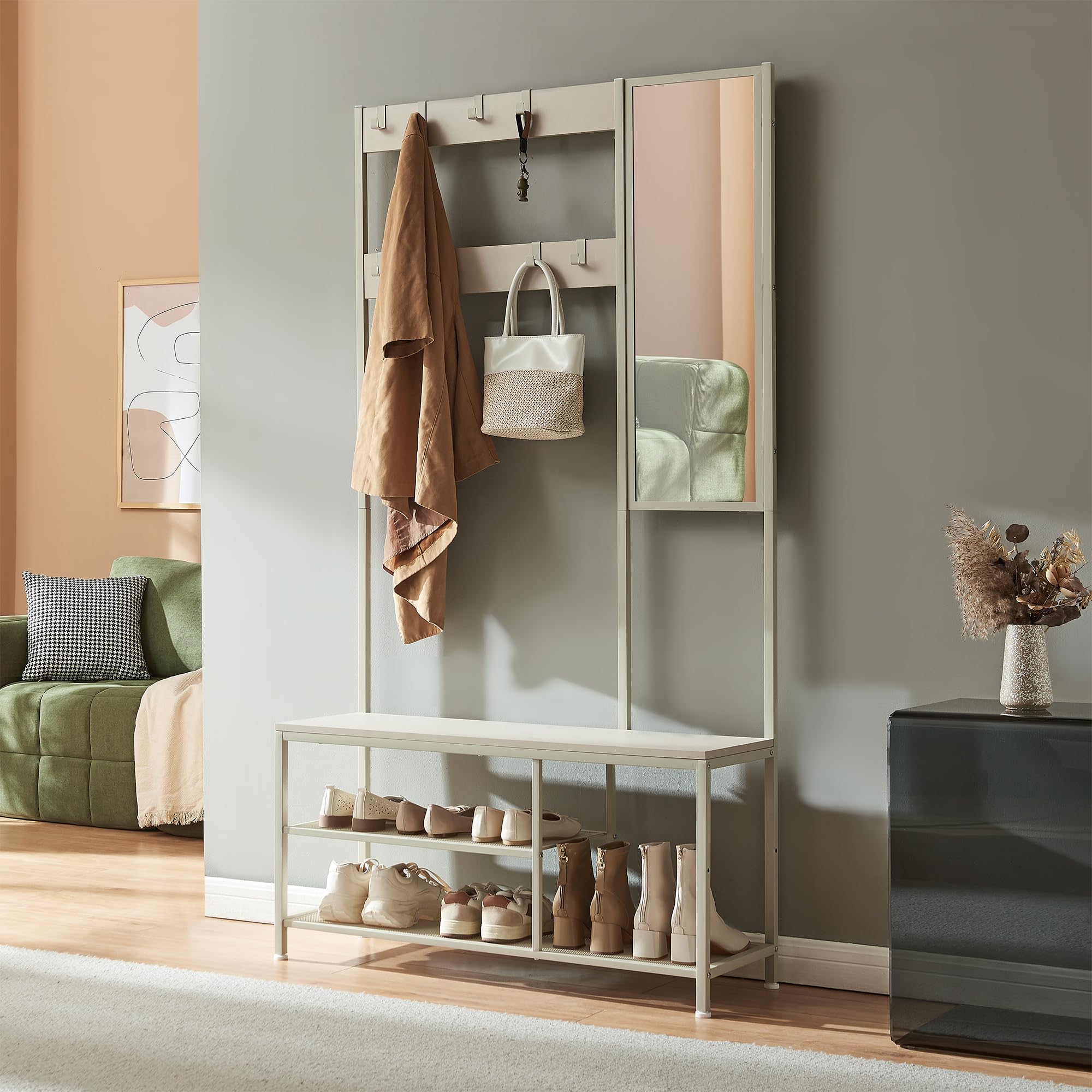 [en.casa] Mueble Recibidor Napinerg con Espejo y Zapatero Recibidor De Entrada Perchero con 7 Ganchos Flexibles Patas Ajustables Aglomerado Metal 185 x 98 x 34 cm - Color Arena