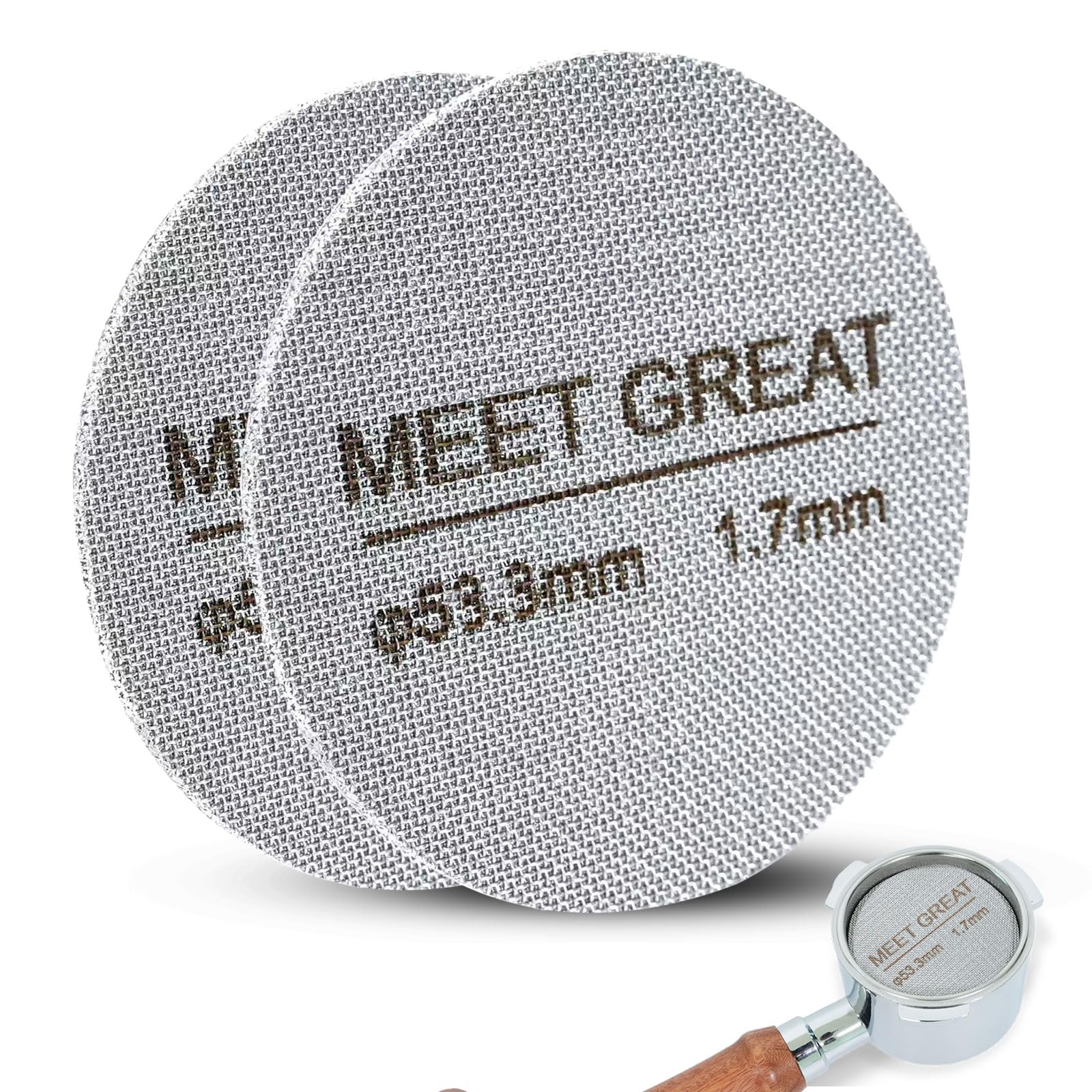 Meet Great- 2 Packs 53.3mm Espresso Puck Screen, 1.7mm Thickness 150μm 316L Stainless Steel, Upgraded Reusable Coffee Filter Screen for 54mm Breville Portafilter Filter Basket