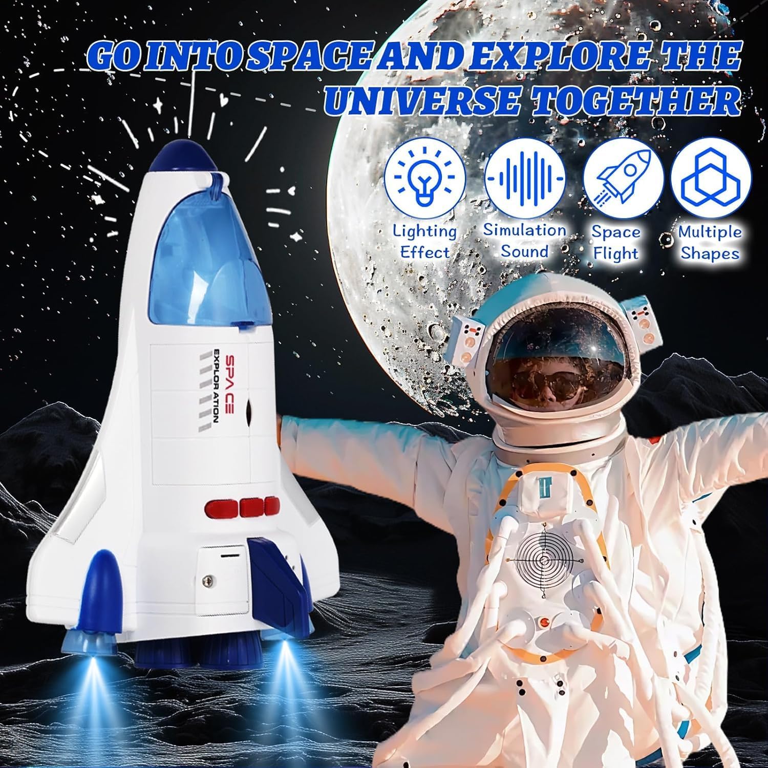 Jomifin Spaceship Toy Set with Lights & Sound for Boys Girls, Including 3 Astronauts Figure, 1 Space Rocket, 2 Space Rover, 1 Shuttle, Astro Venture Playset 10 Pcs (2) (2 Pcs)