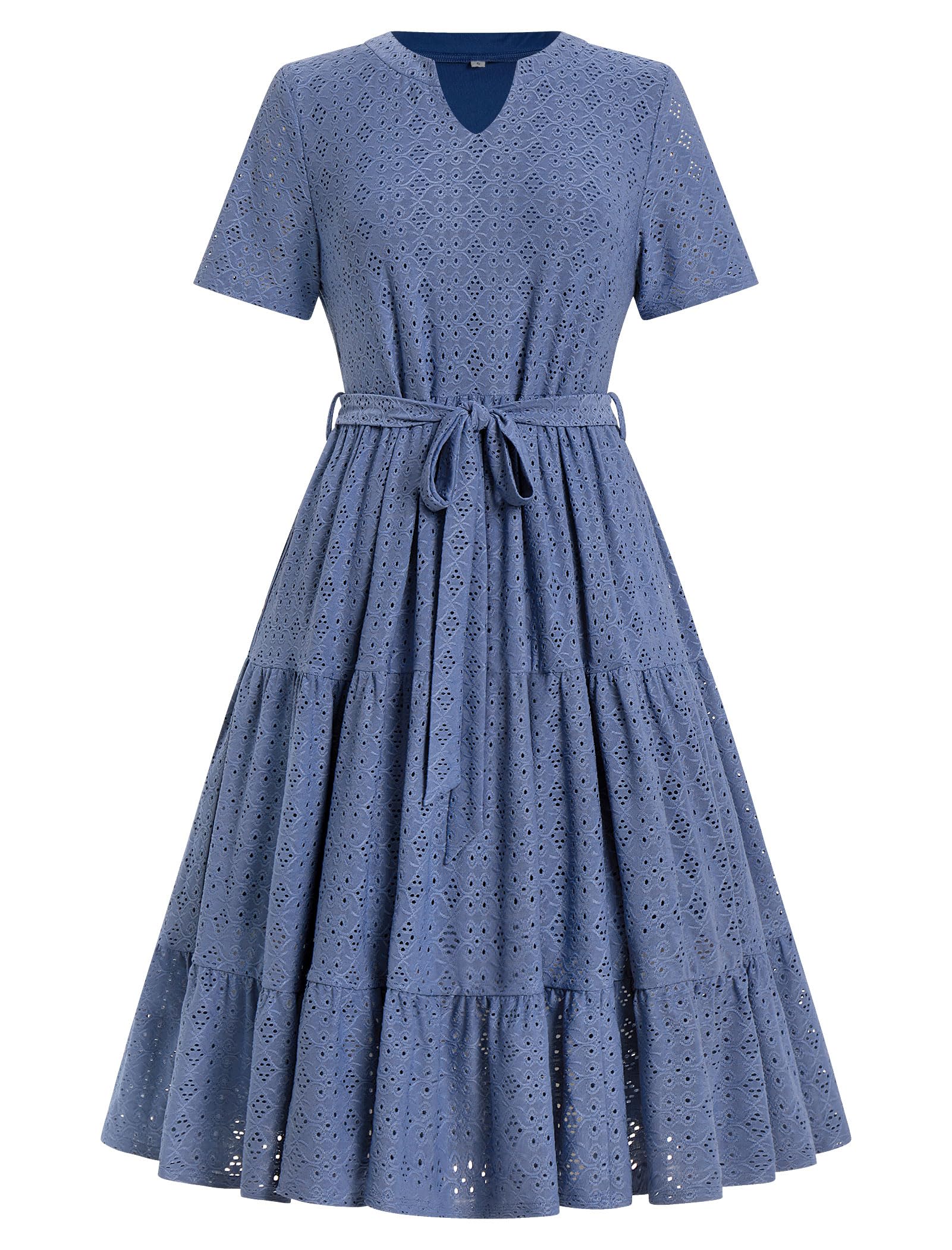 Damen Sommerkleid Elegantes Kurzarm-Kleid mit Lochstickerei Midi-Sommerkleid Knielanges A-Linien-Kleid mit Gürtel für Freizeit Urlaub Strand Büro Hochzeit Party
