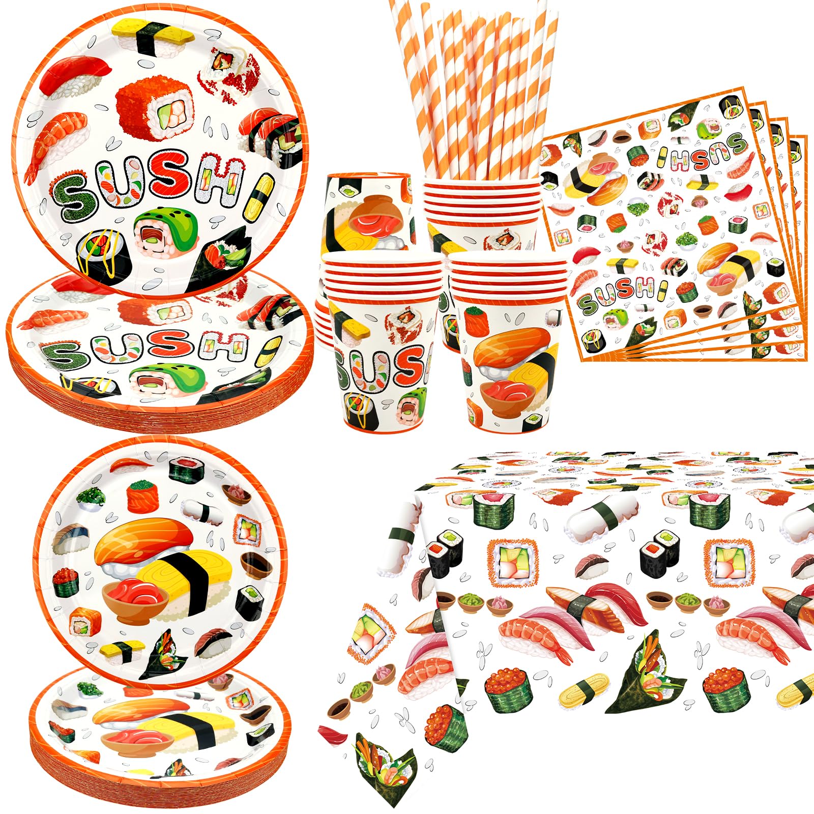 Decorazioni per feste di compleanno a tema sushi, tra cui piatti, tazze, tovaglioli, tovaglie, cannucce, per feste a tema sushi