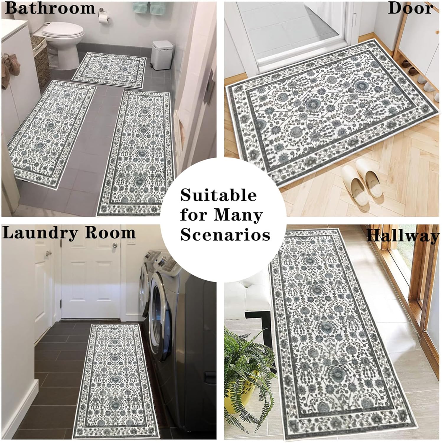Shabby Floral Rug Sets 3 Pieces Runner Rugs Vintage Kitchen Runner Bohemian Area Rug Floor Mat Washable Runner for Laundry Room Hallway Living Room Entryway