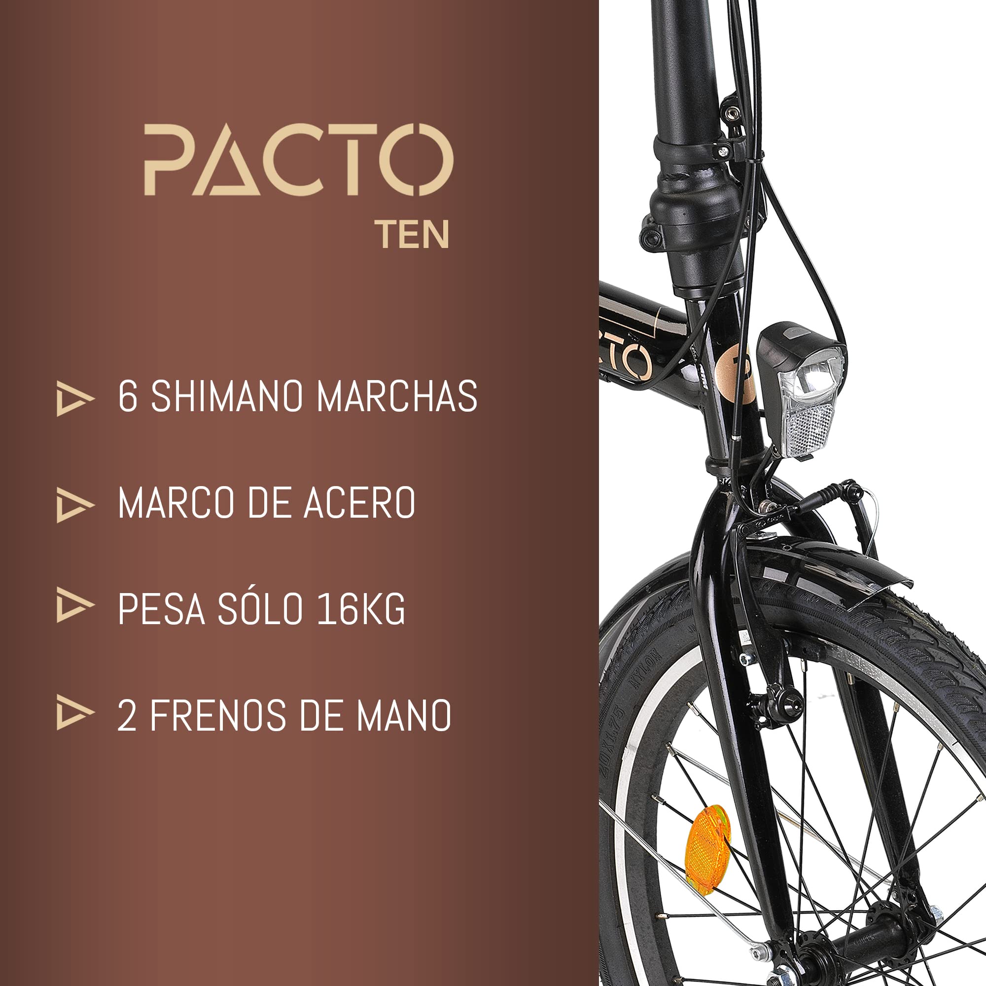 PACTO Ten Bicicleta plegable de 20 pulgadas con sistema de plegado rápido (10 segundos), marco de acero, peso ligero (16 kg), Shimano de 6 velocidades, frenos en V y llantas de aluminio de doble pared