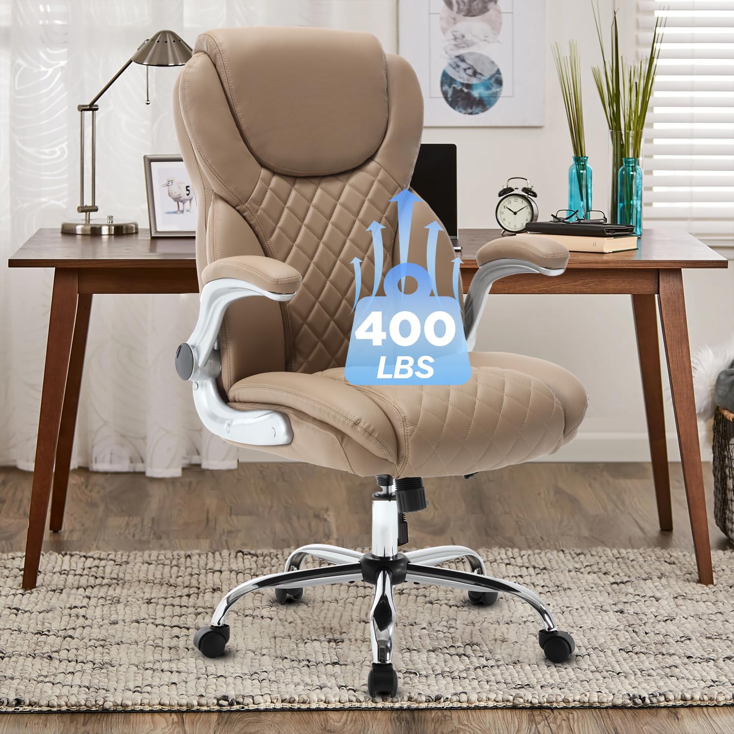 Leather Executive Office Chair, Big and Tall High Back Ergonomic Desk Chairs with Wheels, 90-120° Rocking Managerial Home Computer Chairs with Flip up Arms and Lumbar Support, Light Brown