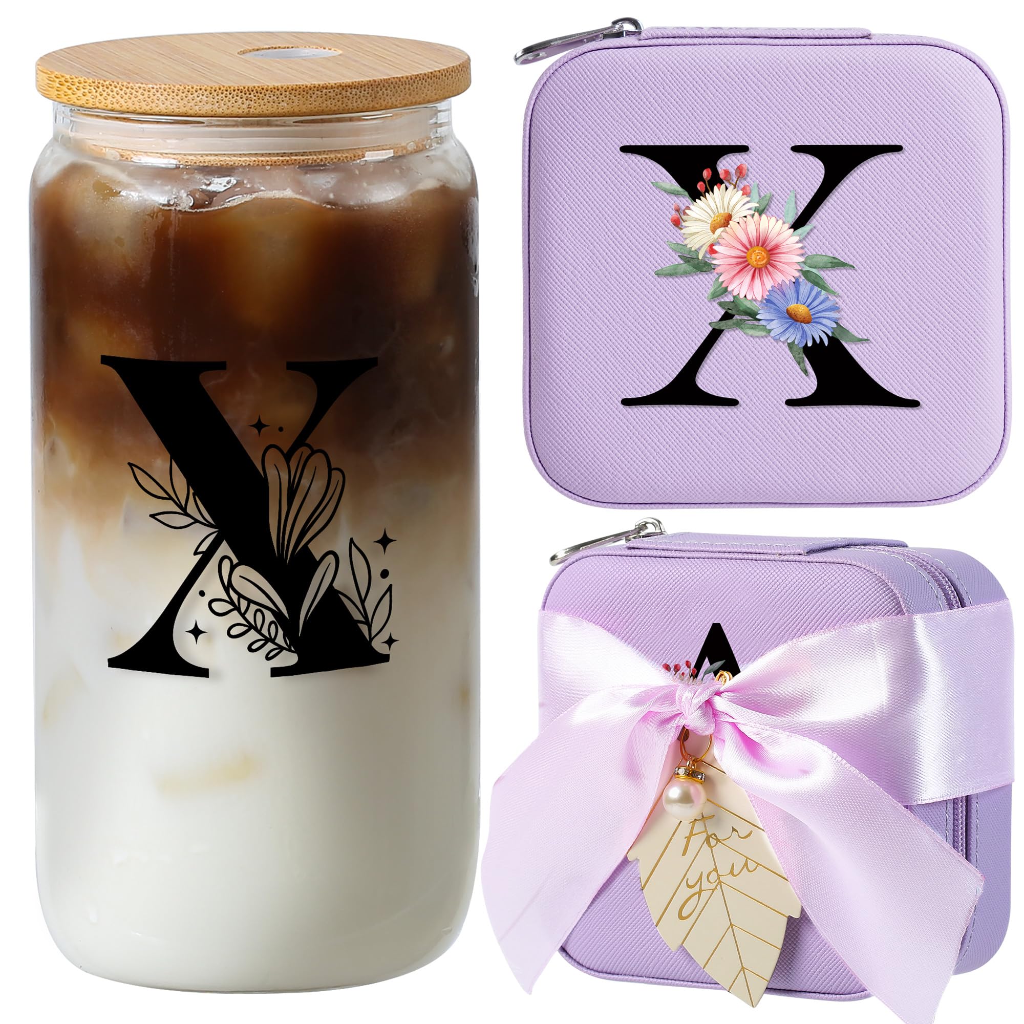 AYGXU Personalized gifts for bridesmaid,16oz glass cups with lid and straw,Jewelry Organizer,Graduation Travel Gifts for Women,Personalized Travel Mini Jewelry Case,Initial X purple