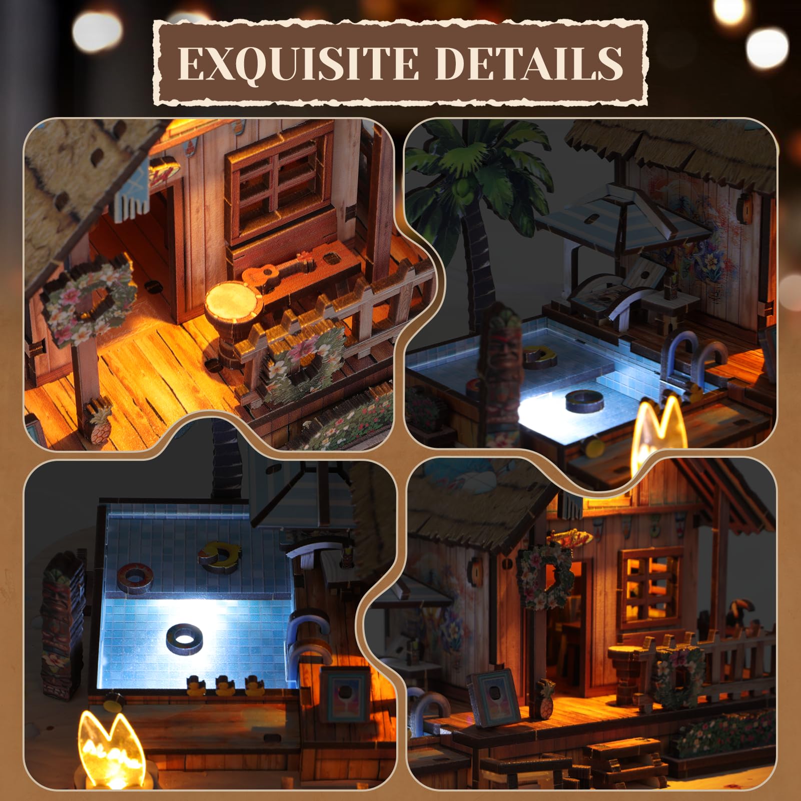 Casse-tête 3D en bois pour adulte, 187 pièces, maison de plage hawaïenne, kit de modélisme en bois avec lumière LED pour adultes, jouets cadeaux pour enfants de 14 ans et plus