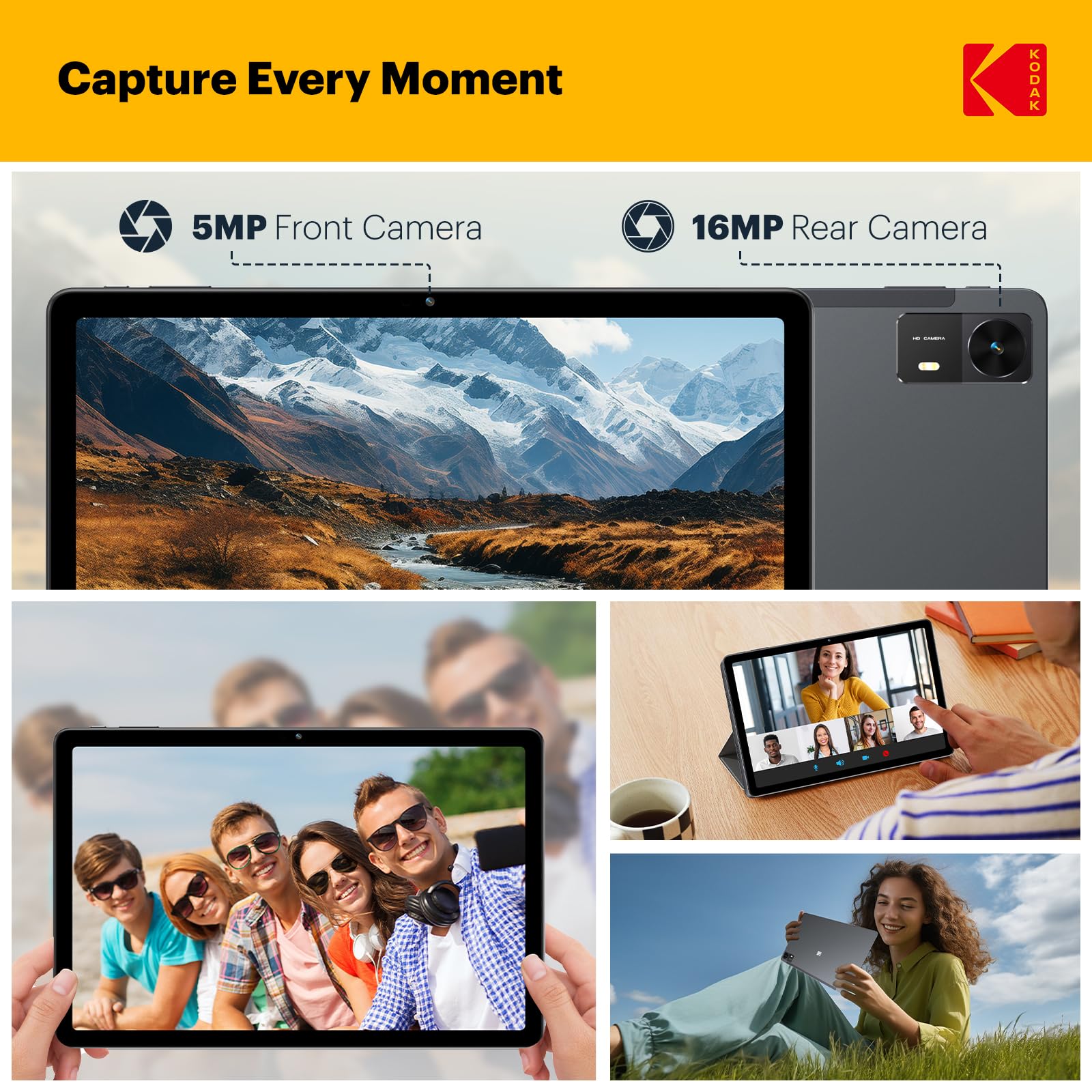 KODAK K11 Android 15 Tablet, 11 Inch Incell Touchscreen, 12GB RAM +128GB Storage (1TB Expandable), 8000mAh Long Battery, Quad Speakers, 16MP Camera, Dual WiFi, GPS, for Work Entertainment Gaming