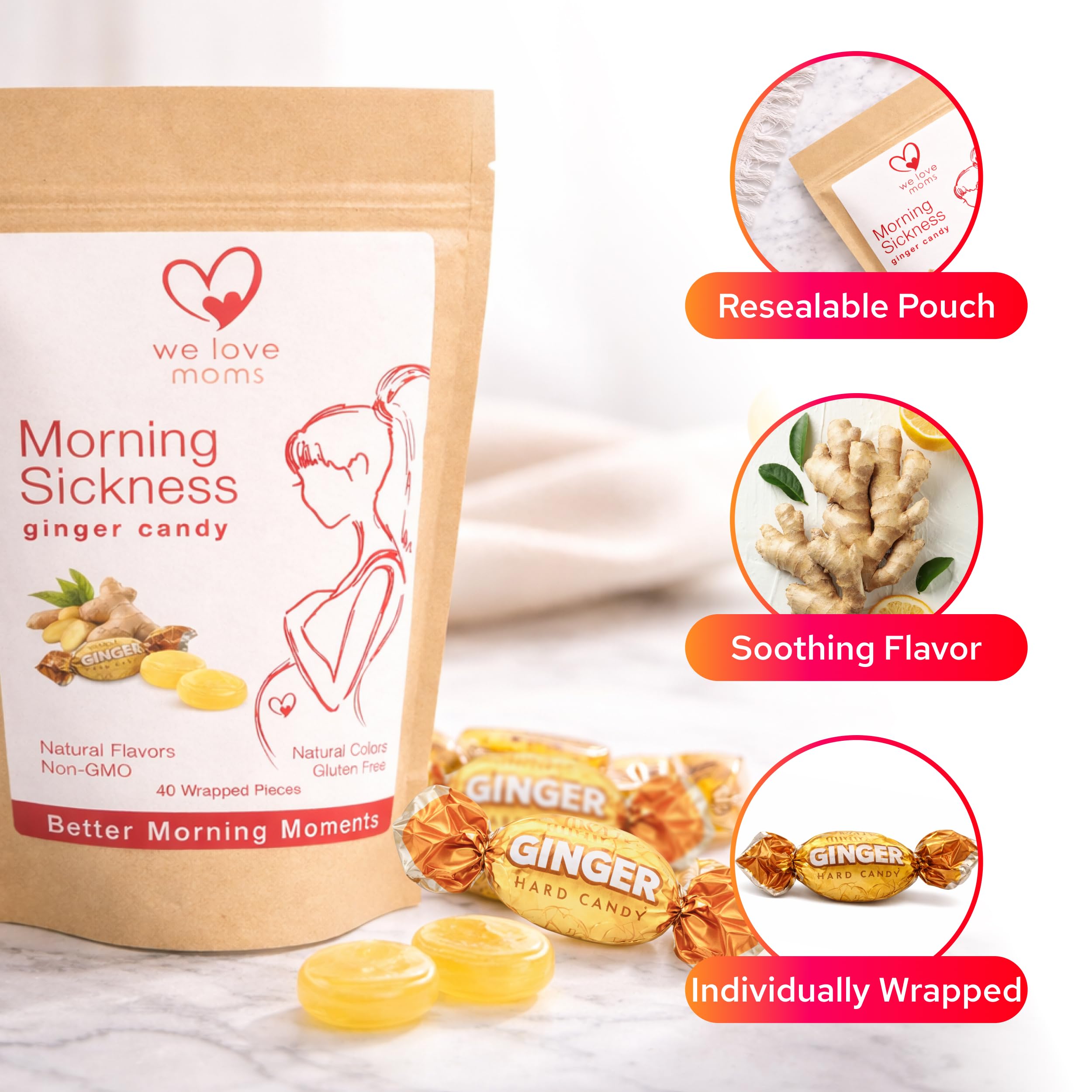 We Love Moms Morning Sickness Ginger Candy Lozenges for Pregnancy & Travel, Queasy Tummy Comfort, Individually Wrapped, Natural Flavors & Colors, 40 Pieces — Amazon image 4