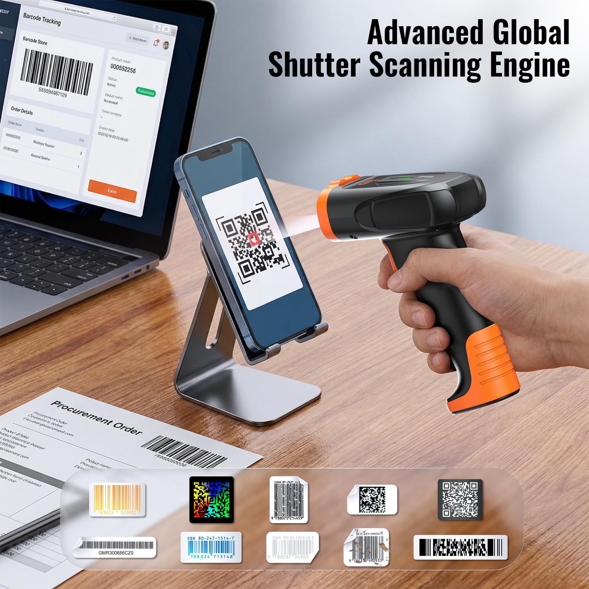 Tera Escáner de códigos de Barras 1D 2D QR con Bluetooth: batería de polímero de Litio 2200 mAh 2.4G inalámbrico y USB Cable escáner Manual CMOS Global Shutter para POS almacén Comercio Oficina D5300