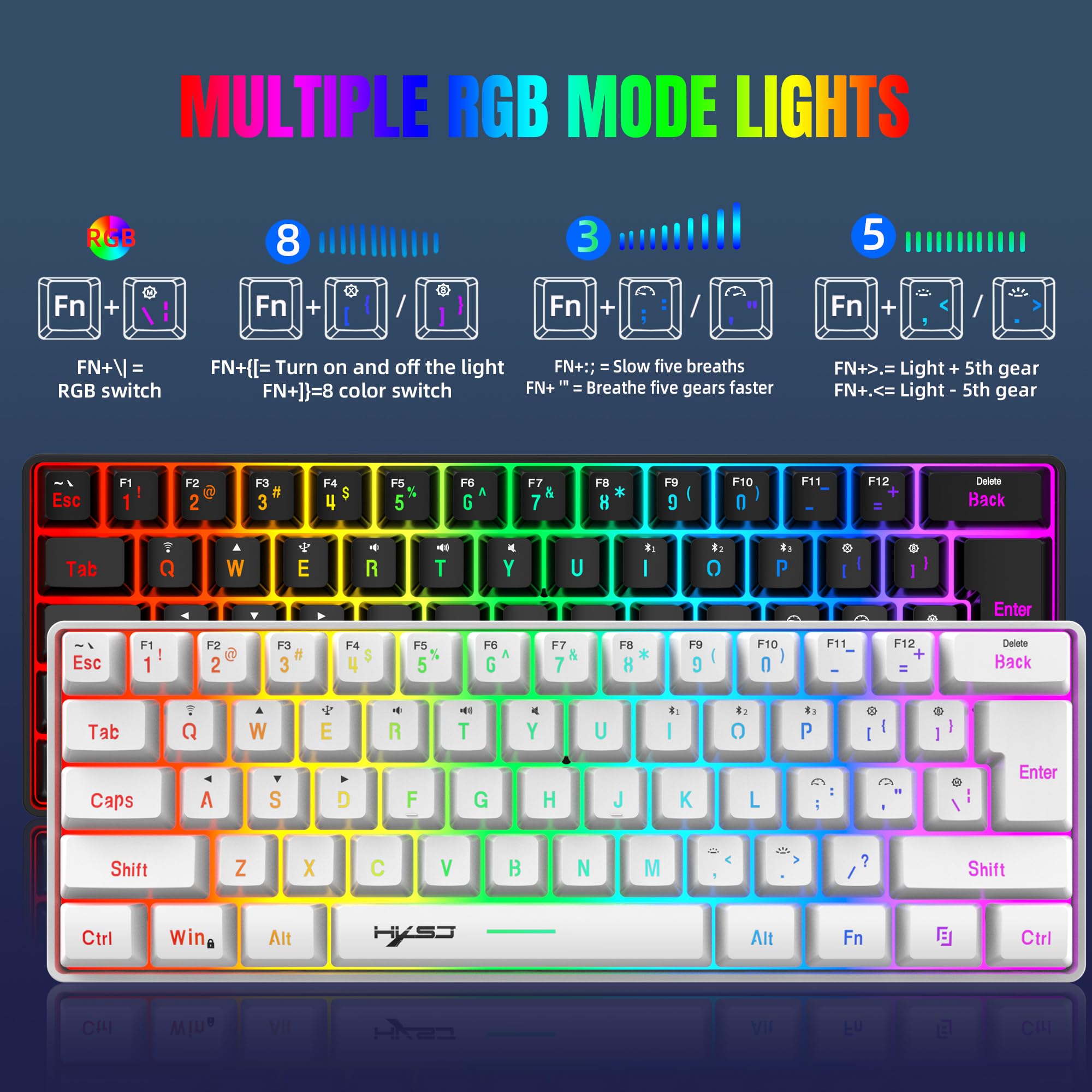 Tastiera Wireless Gaming, 61 Tasti Bluetooth 5.0 + 2.4G Dual-Mode Tastiera Retroilluminata Arcobaleno Ergonomica Piccola al 60% con Batteria Ricaricabile per Windows Mac PC PS4 Gamer, Bianca