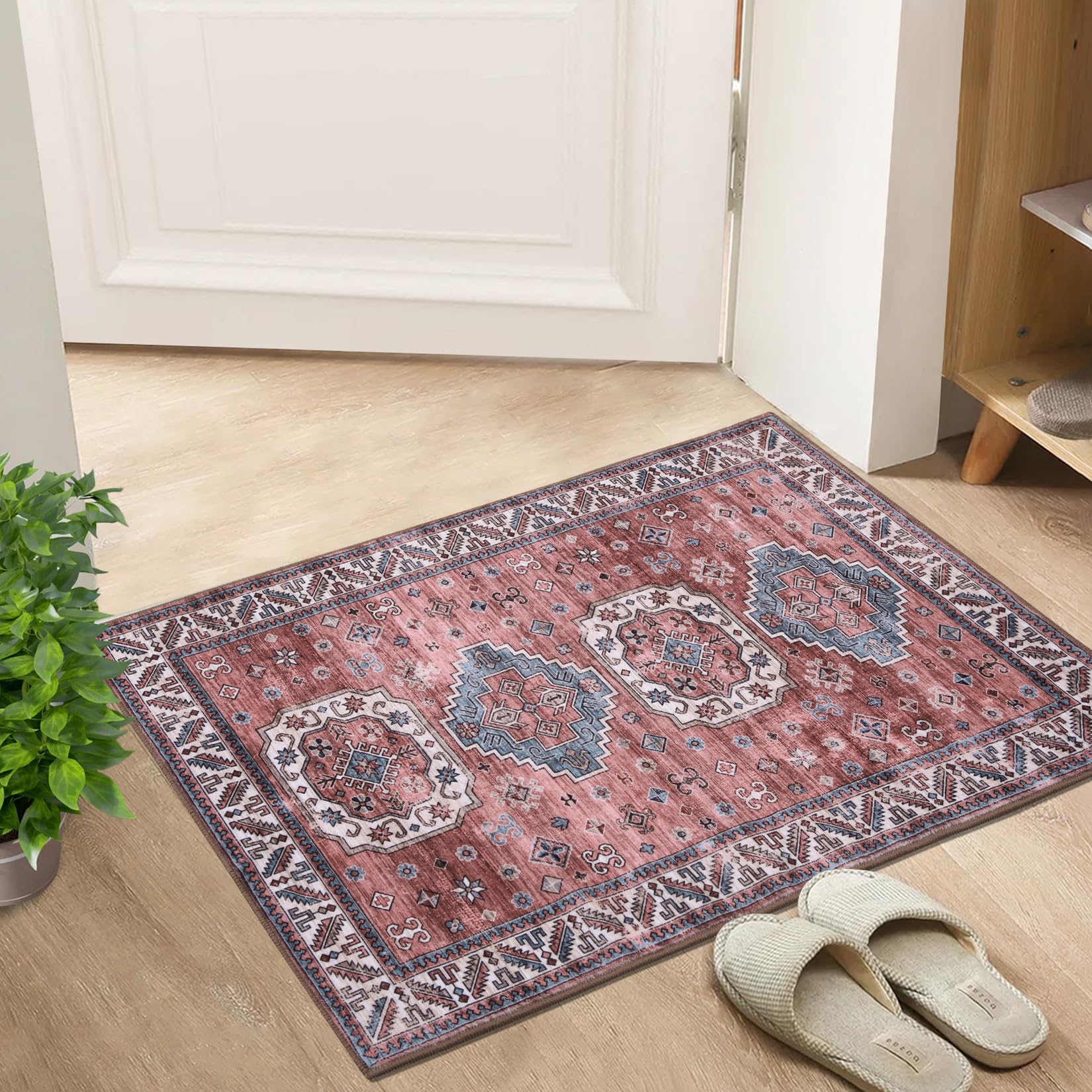 Boho Teppich Für Eingangsbereich – Waschbar, Rutschfest, Vintage-Druck, Niedriger Flor