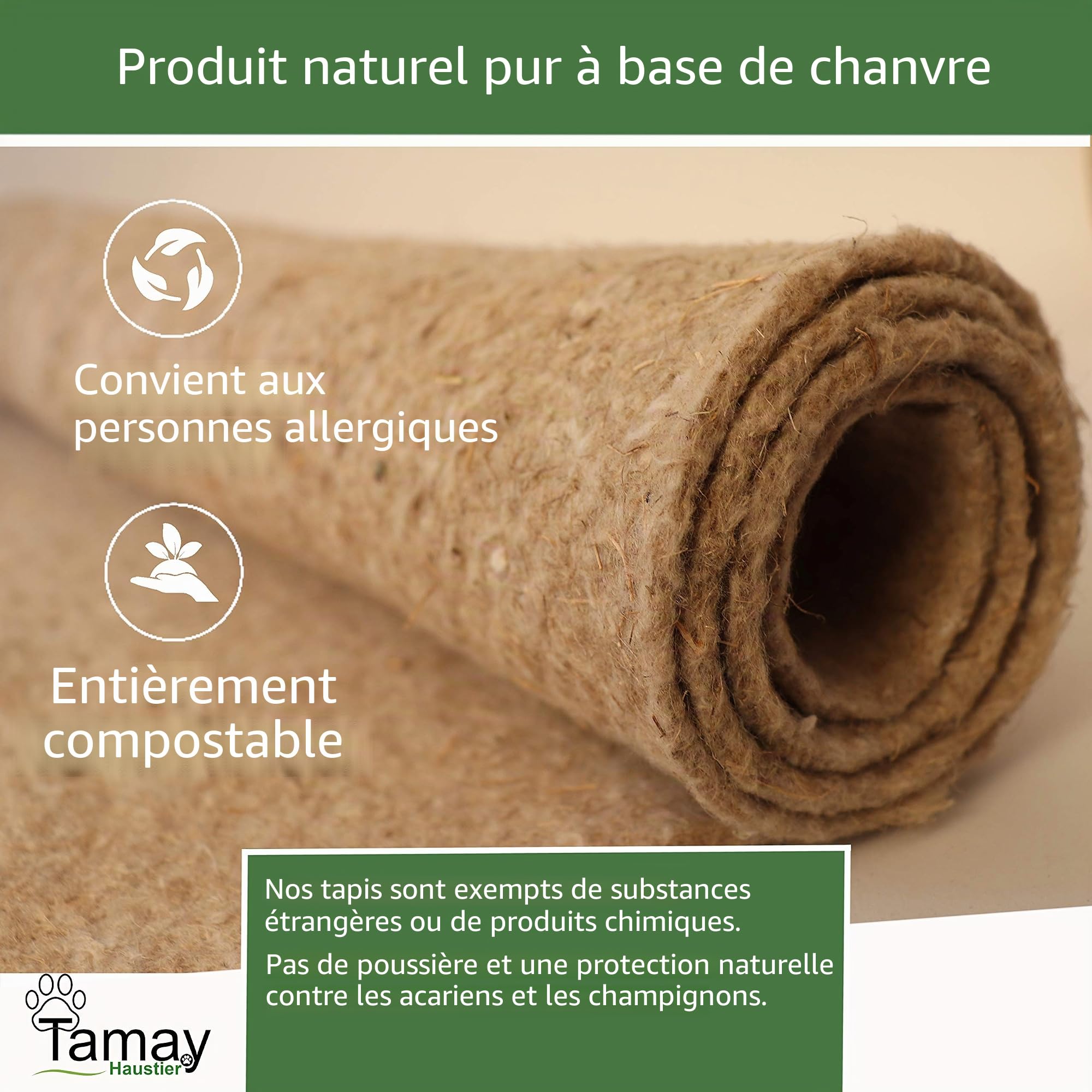 Tamay Tapis pour rongeurs en 100% chanvre, 100 x 50 cm | Tapis de cage premium sans poussière pour lapins, cochons d'Inde, petits animaux – Tapis naturel en chanvre pour rongeurs (lot de 2)