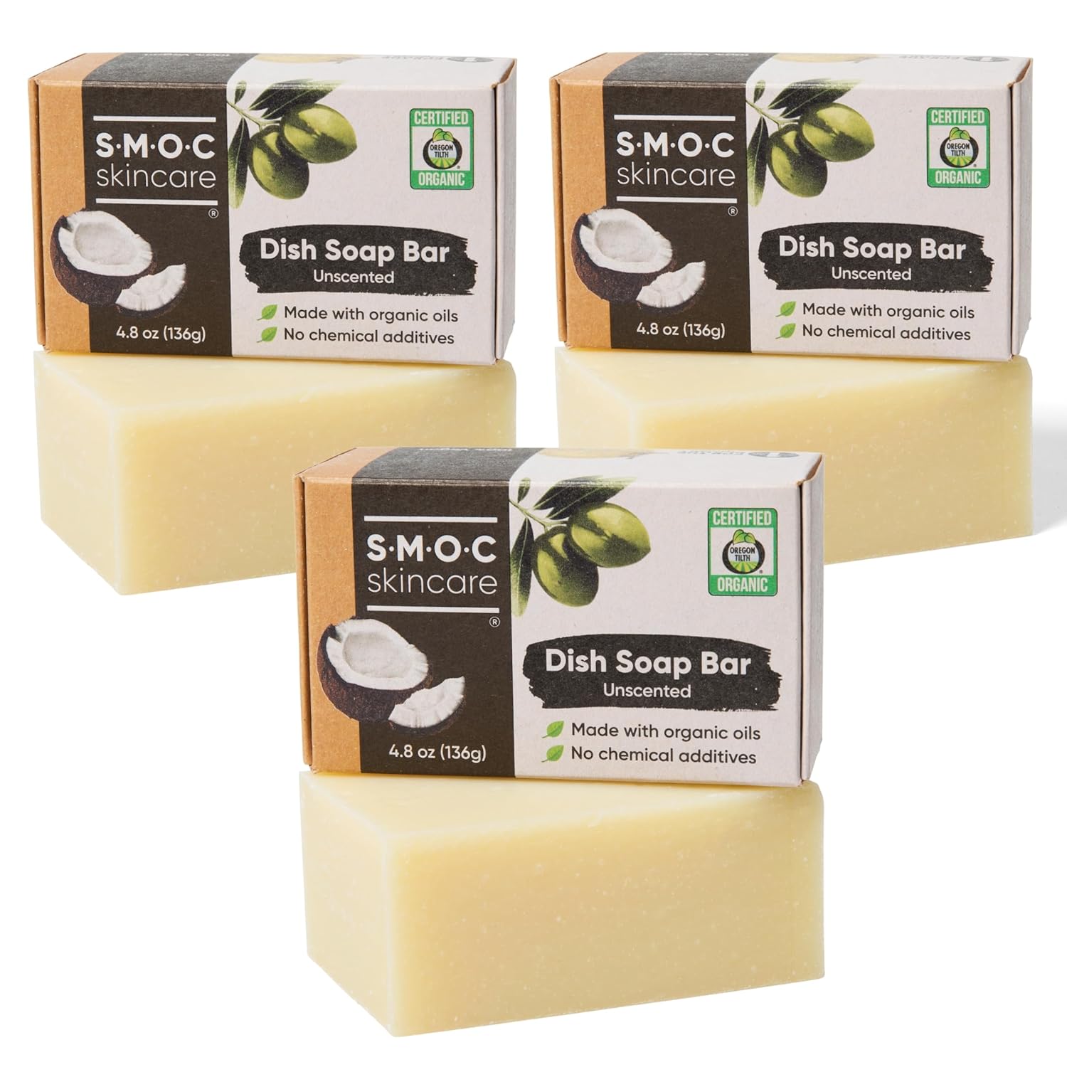 S M O C Skincare Organic Dish Soap Bar 3-Pack Vegan Palm-Oil Free Natural Dishwashing Soaps Made with
