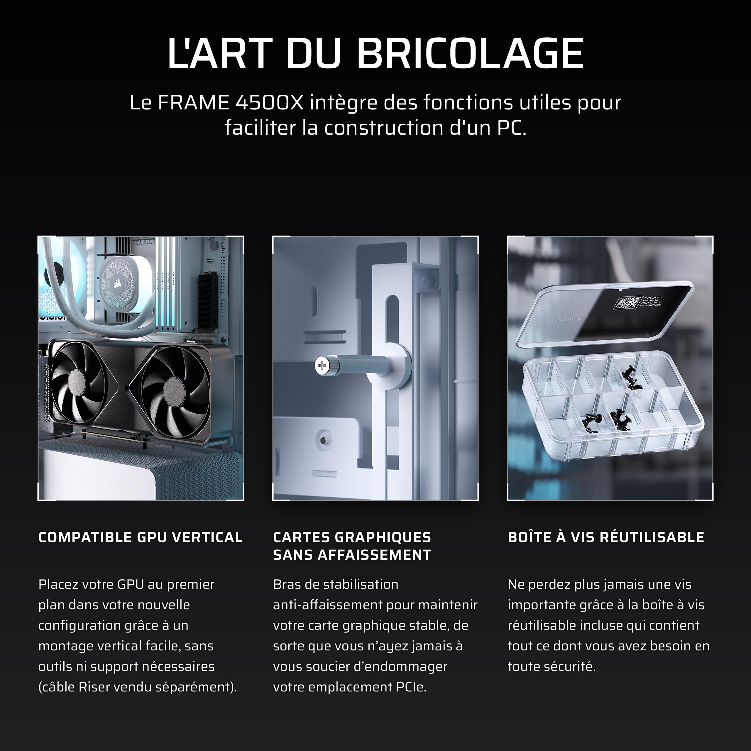 CORSAIR Frame 4500X LX-R RGB Link Boîtier PC Moyen-Tour en Verre Panoramique – Système de Fixation du Ventilateur InfiniRail, Peut Accueillir Deux Radiateurs de 360 mm, 3X LX120-R RGB Link – Blanc