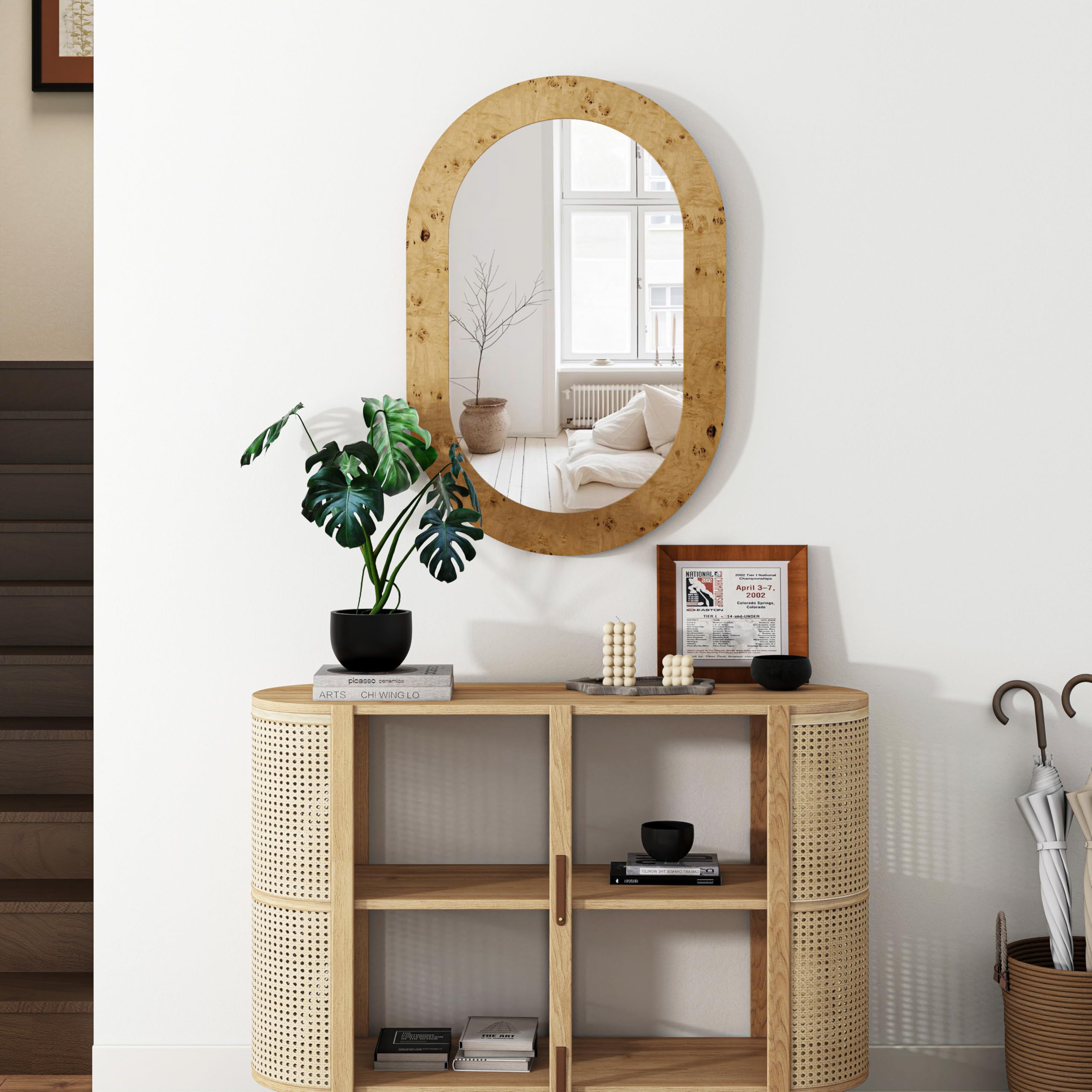 SHYFOY Miroir mural ovale - 90 x 60 cm - Miroir décoratif en bois de burlwood avec bord poli argenté pour salon, chambre à coucher, salle de bain et couloir
