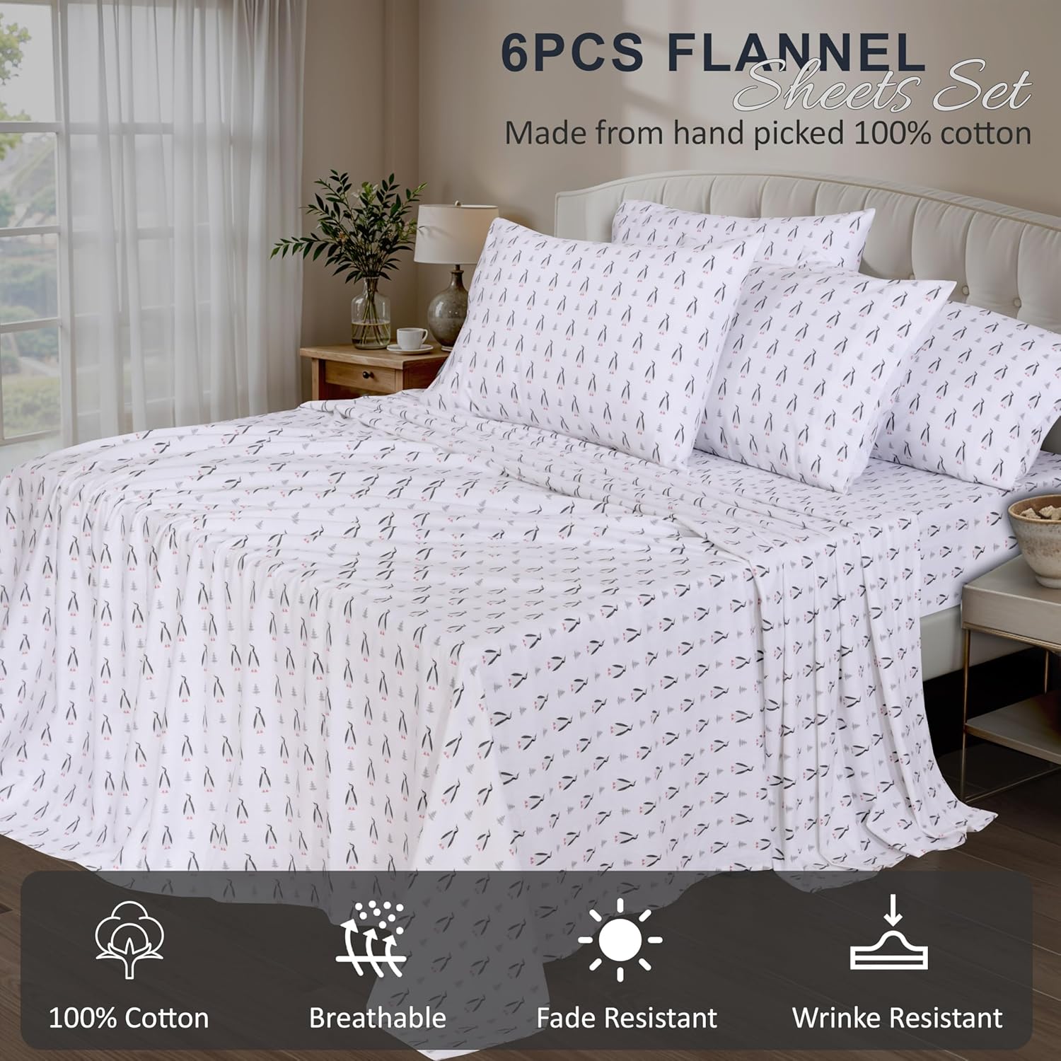 RUVANTI Flannel Sheets Full Size 6 Pcs - 100% Cotton Double Brushed Bed Sheets, Deep Pockets 16 Inches, All Seasons Breathable, Extra Soft & Comfy Full Size Sheets Set, Penguin Sight