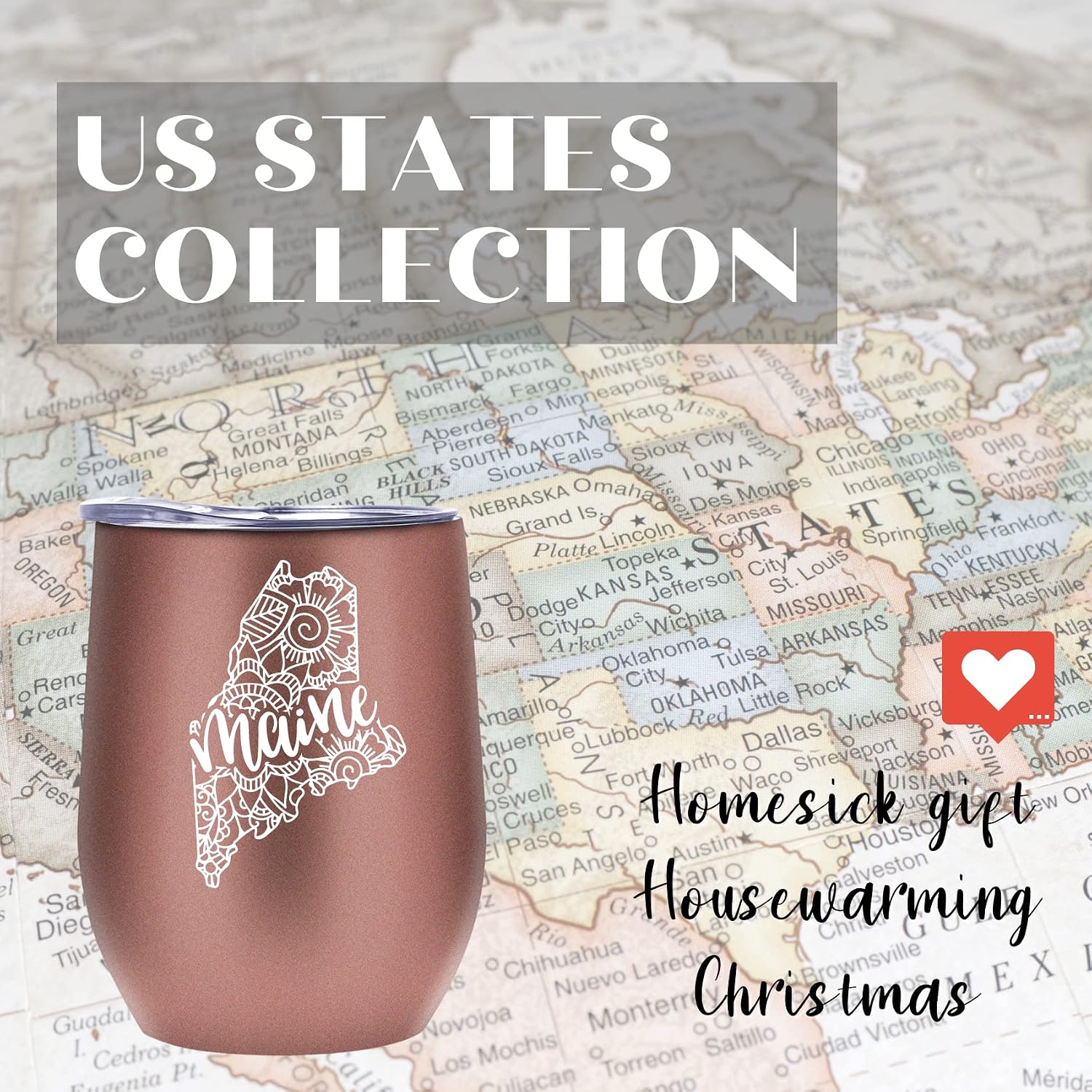 Onebttl Maine Gifts for Women, Travel Homesick Gift, Souvenirs, 12oz Stainless Steel Wine Tumbler with Lid, Perfect for Christmas, Moving Gift