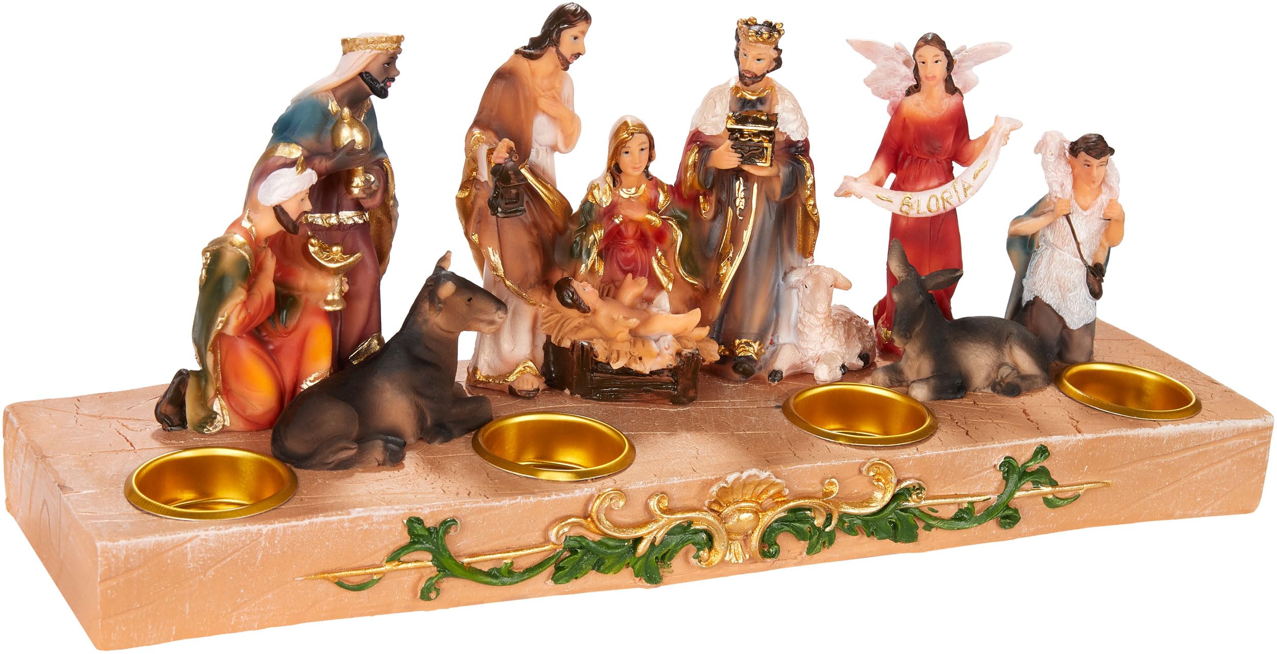 BRUBAKER Krippenfigur Kerzenhalter - Weihnachtskrippe für Kerzen mit 3 cm Ø - 29 cm Tischkrippe Weihnachtsfigur mit handbemalten Figuren Jesus, Maria, Josef und Könige - Adventskerzen Halter