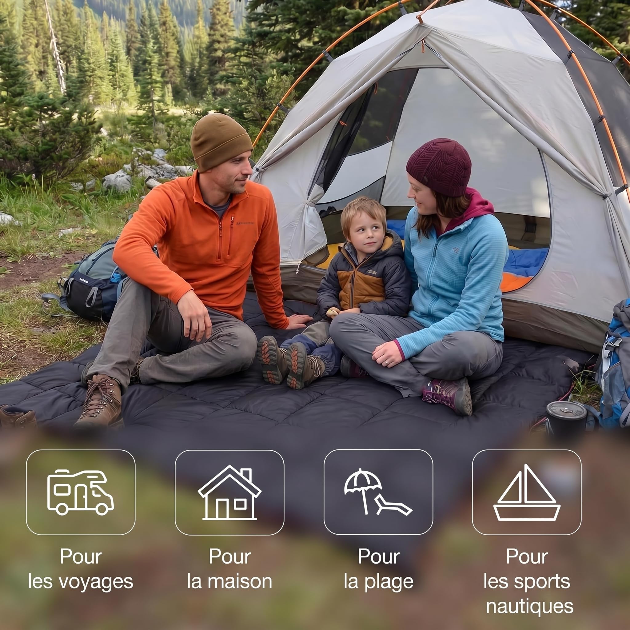 EVOCAMP Couverture de Camping 200x140 cm, imperméable, ultralégère, 0,68 kg, avec Sac de Rangement, Pliable, idéale pour Le Camping et Les activités Outdoor, Noire