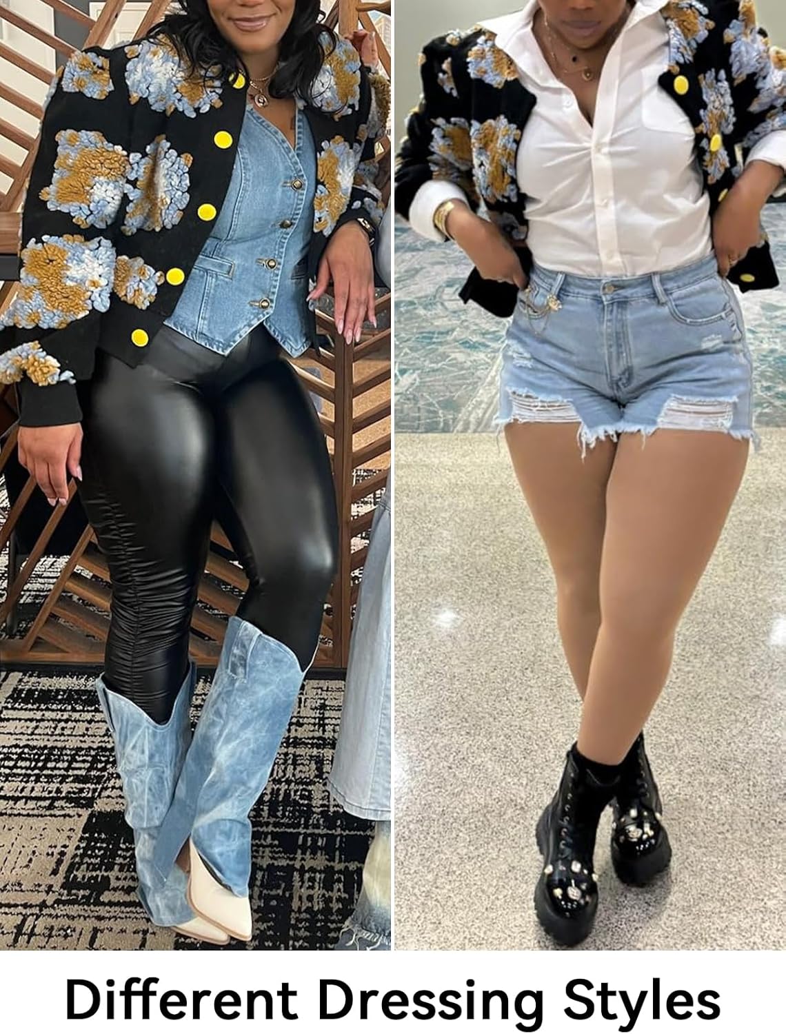 HOULENGS Women's Cropped Floral Print Fleece Bomber Jacket Casual Puff Sleeve Button Down Coats Winter Warm Outerwears - Image 5