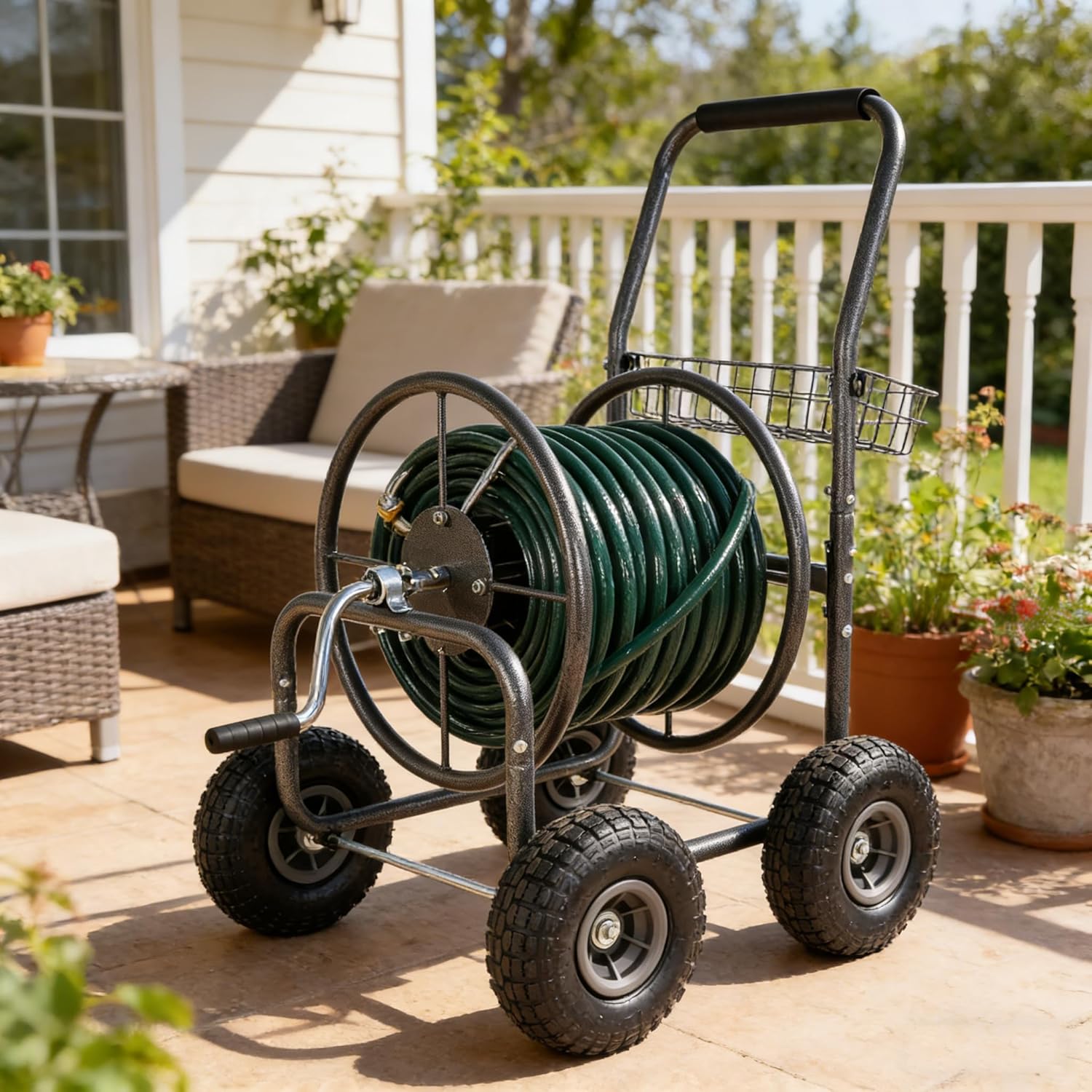 Garden Hose Reel Cart with 4 Wheels Portable Heavy Duty Rust Resistant and Storage Basket for All Season Outdoor Use