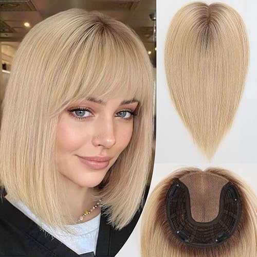 starluck Hair Toppers for Women Real Human Hair 7"*7" Large Base ombre Light Blonde with Bangs 100% Real HumanHair Toppers for Women with ThinningHair Cover Gray Roots