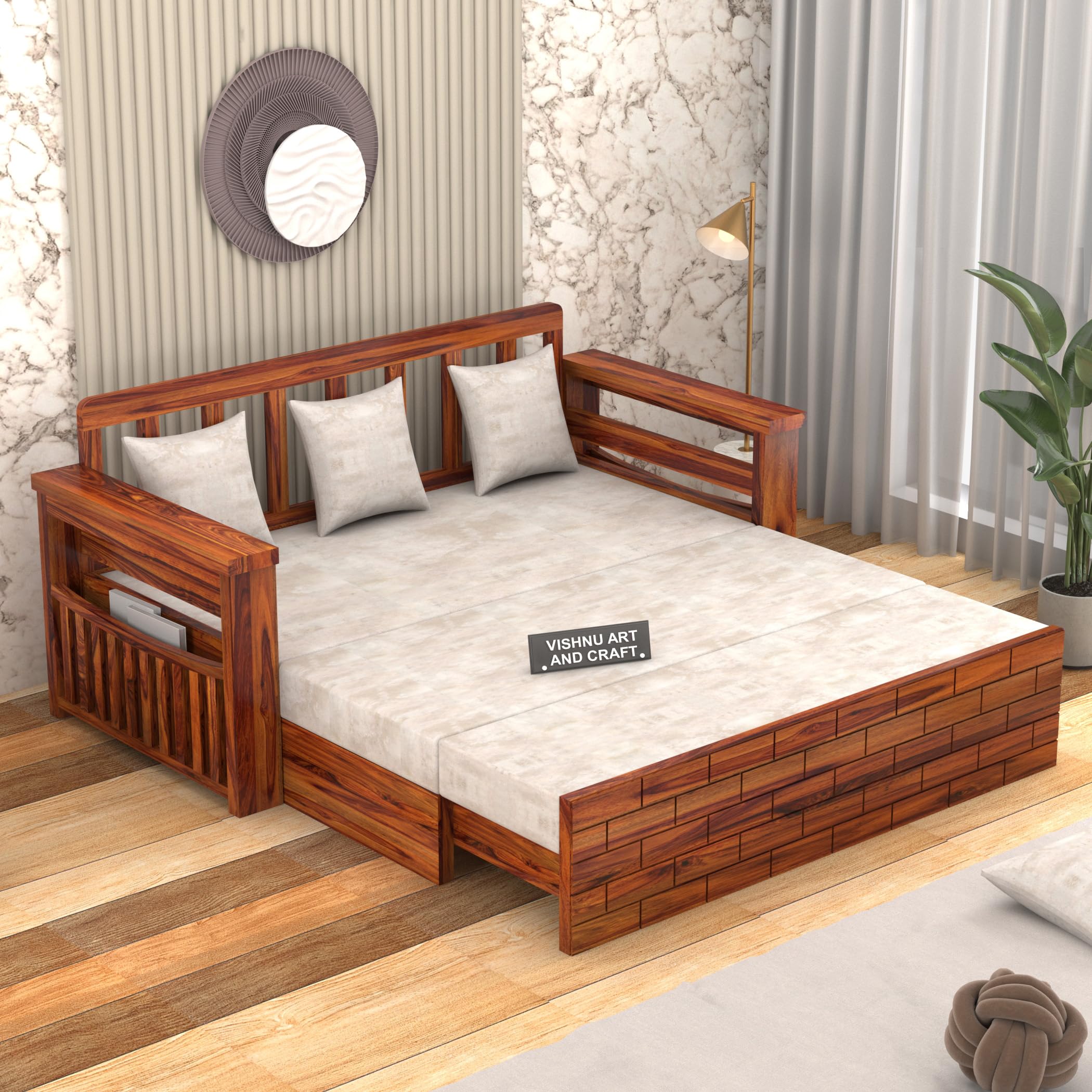 VISHNU ART AND CRAFT Solid Sheesham Wood 3 Seater Modern Slatted Design Sofa Cums Bed with Storage & Magazine Holder Wooden Sofa Bed for Living Room & Home (Honey Finish, 3 Seater)