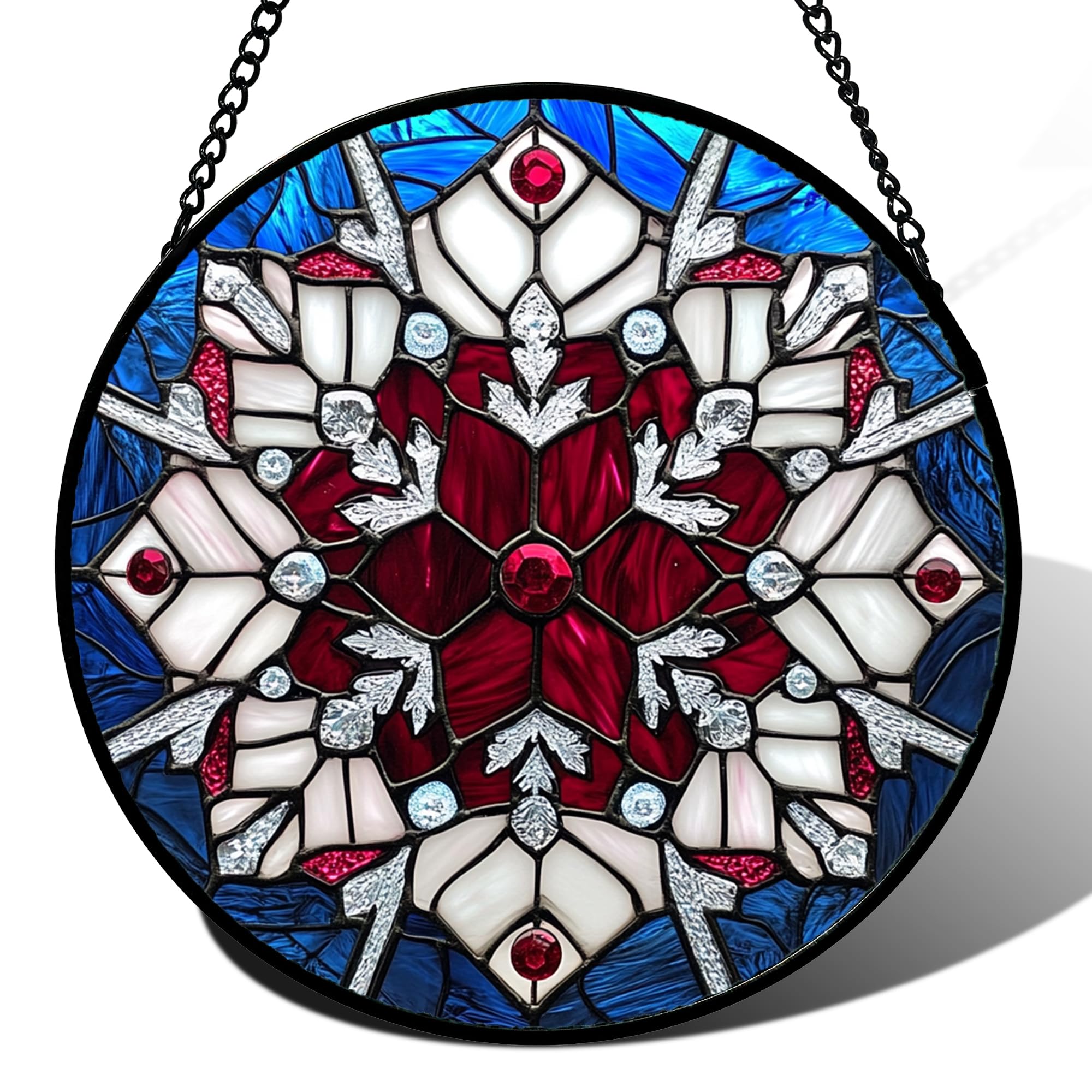 Stained Acrylic Puzzle Suncatcher,7.48in Red‑White‑Snowflake Blue‑Tone Xmas Door Window Decor Gift