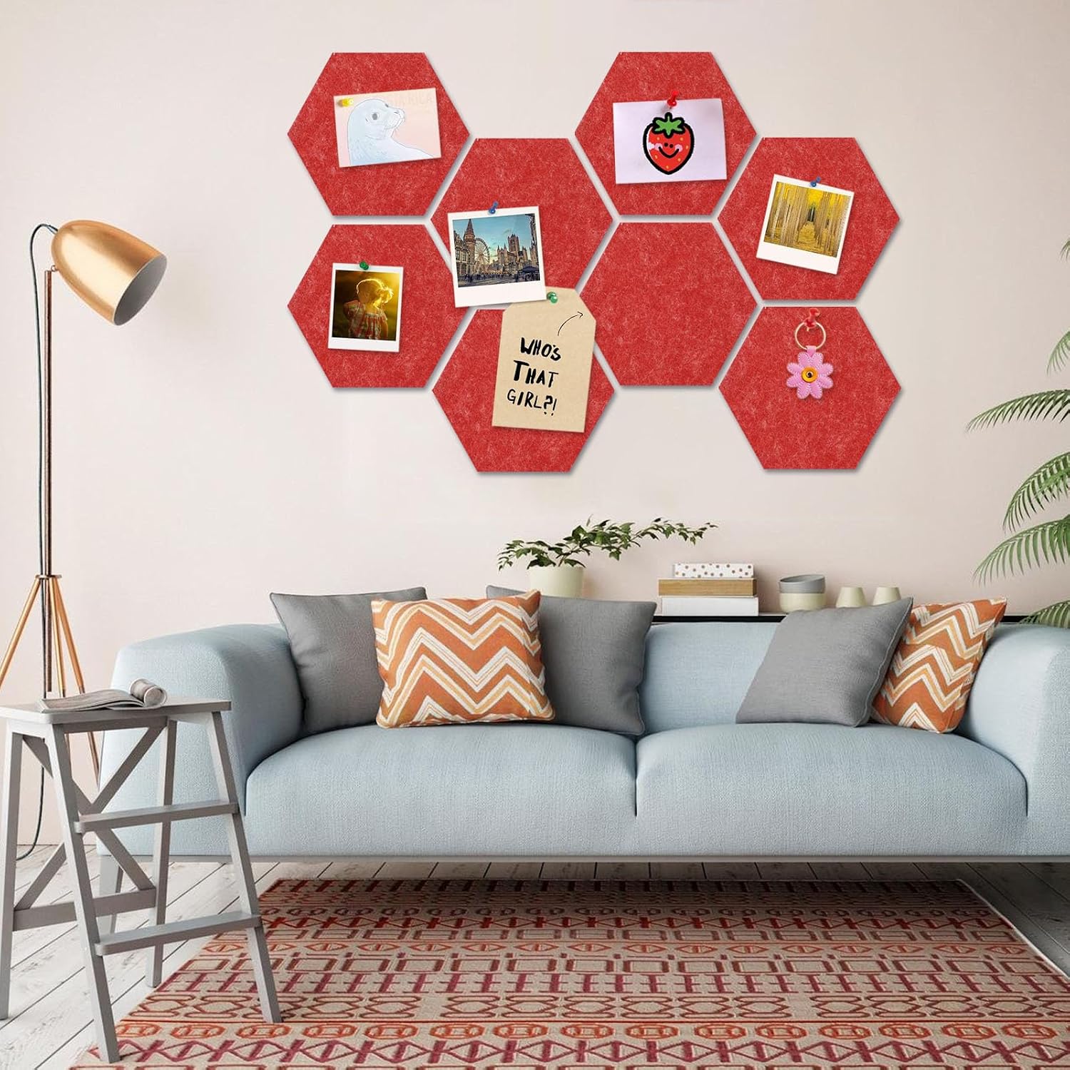 8 Packs Red Hexagon Felt Pin Board, 12" Bulletin Board with 30 Push Pins, Felt Board for Home Kitchen Office Decor, Self-Adhesive Corkboard Tiles for Walls Classroom Message Photos Memos Display