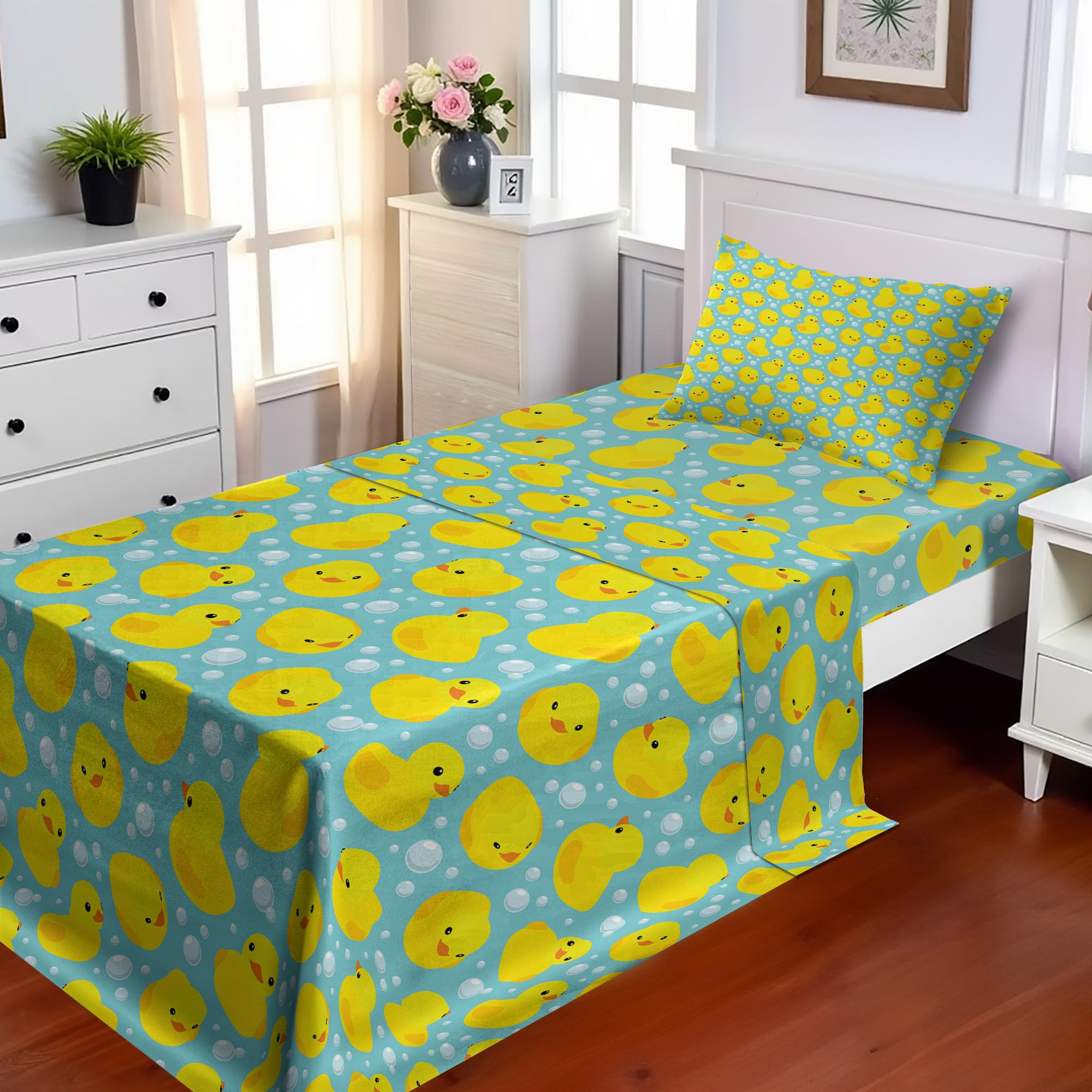Ambesonne Rubber Duck Sheet Set, Rubber Ducks on Water Inspired Backdrop Bubbles Funny Pattern, Fitted and Flat Sheet with Pillowcase Bedding Accent 3 Piece Set, Twin, Turquoise Orange