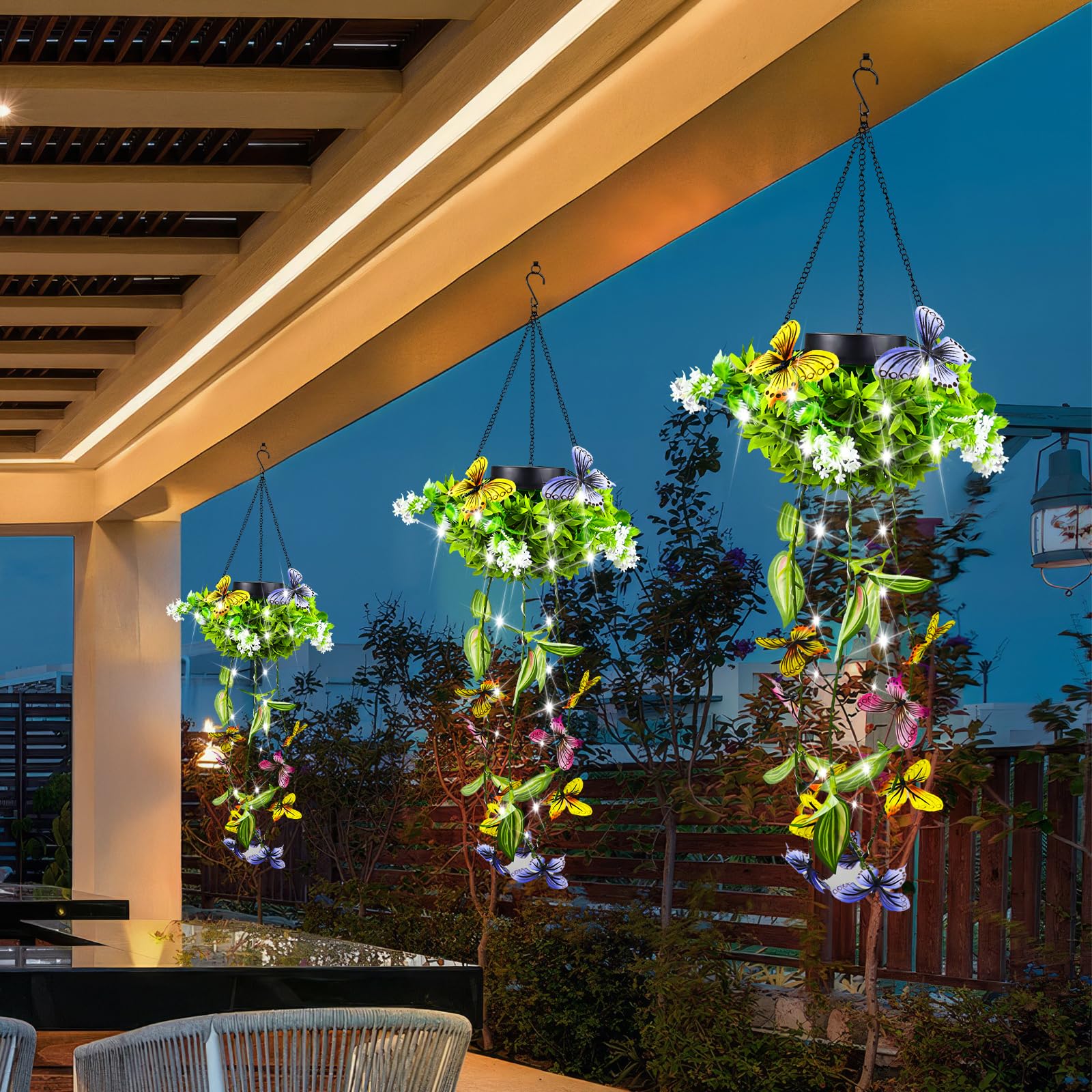 Lampy solarne do użytku na zewnątrz, wiszące, 2 sztuki, 66 diod LED, sztuczne liście motyla, do ogrodu, na werandę, do ogrodu, na werandę, dekoracja weselna