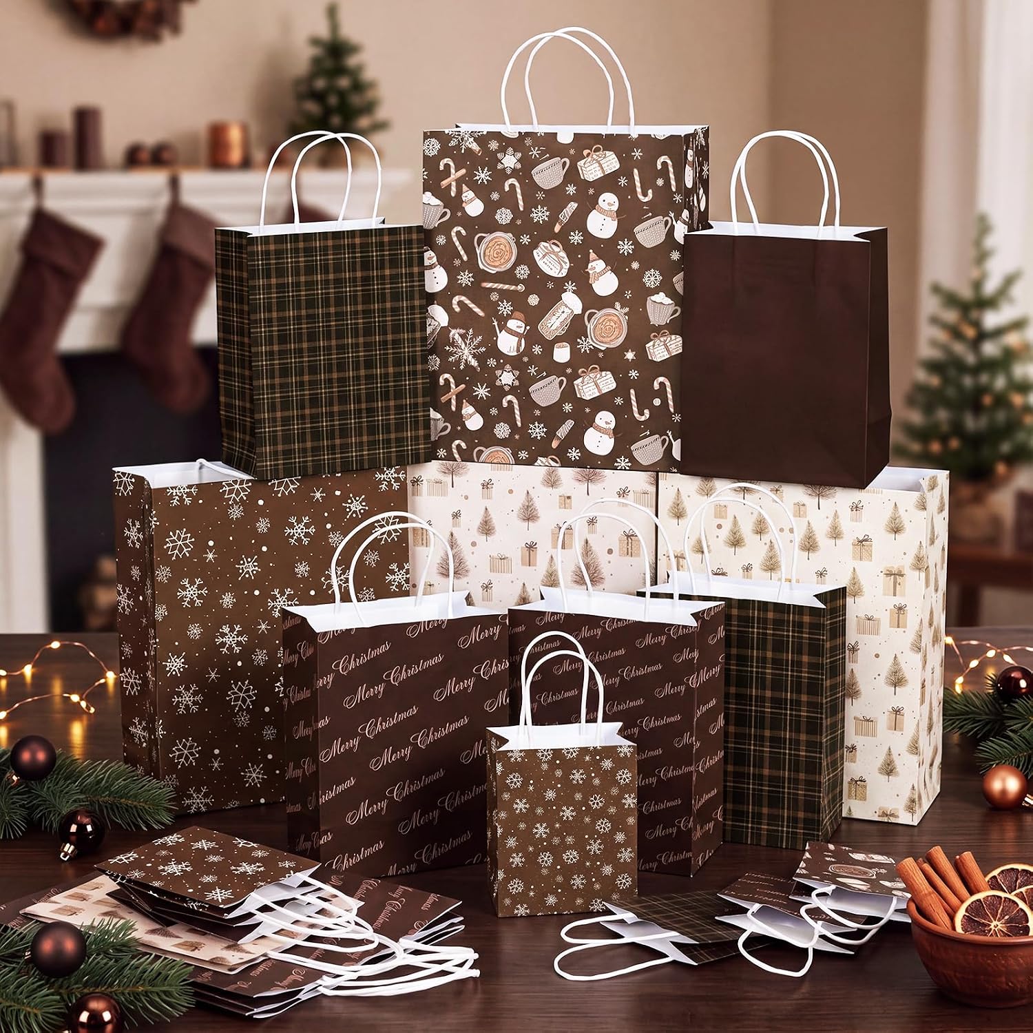 Trandraft 18 Pcs Chocolate Brown Christmas Kraft Gift Bags, Snowflakes image 2