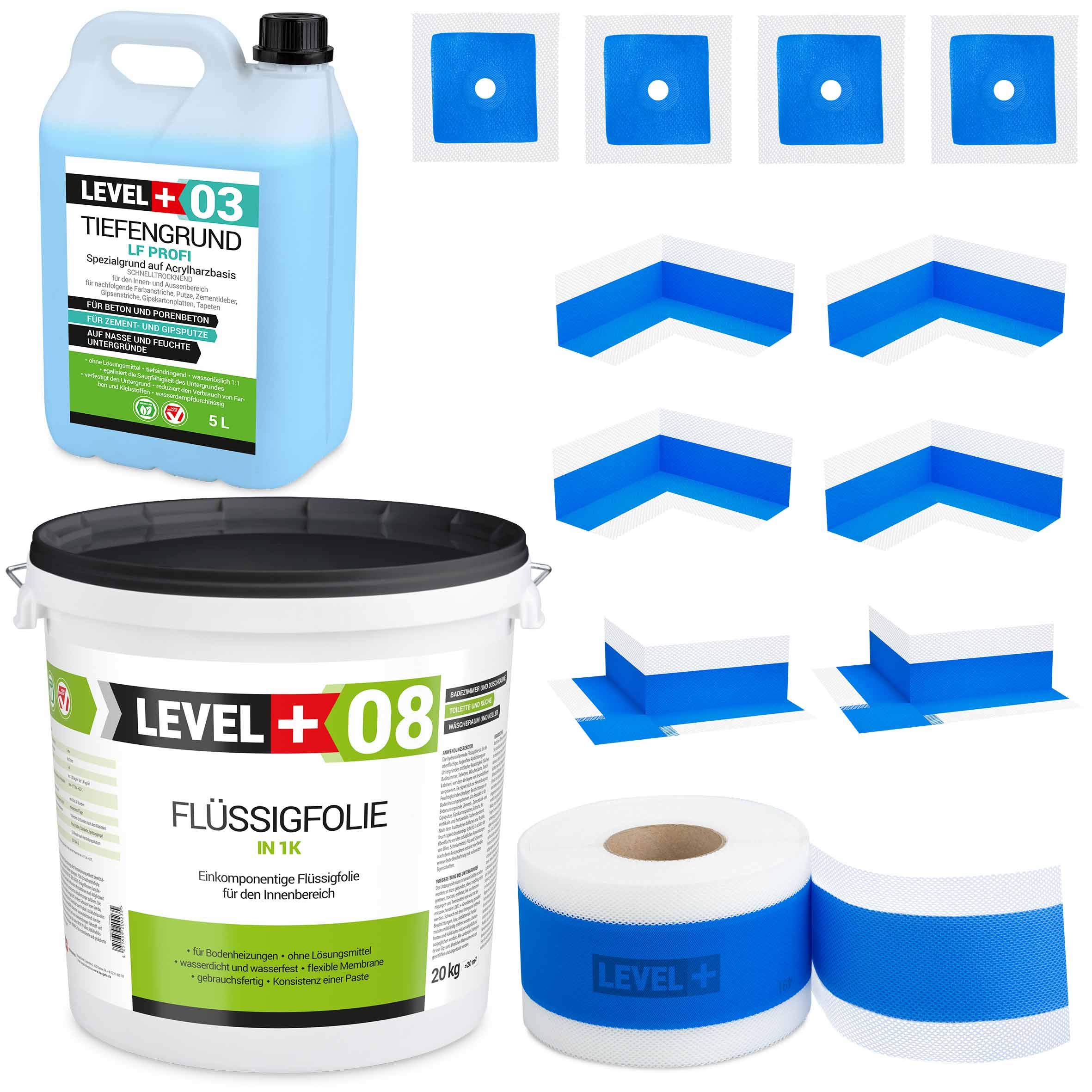 SET326 - Set de sellado para baño (20 kg, lámina líquida, 4 esquinas interiores, 2 esquinas exteriores, 4 manguitos de pared, 20 m de cinta de sellado, imprimación de profundidad de 5 L)