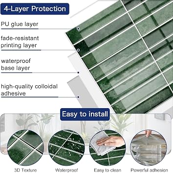 MORCART 10PCS 11.8x11.8 Peel and Stick Backsplash, Deep Green | 3D Adhesive Waterproof Wall Tiles for Kitchen, Bathroom, Living Room, Laundry Room, Subway Tiles