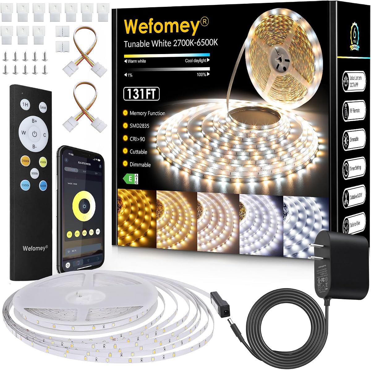 Luces de tira LED blancas de 131 pies regulables 2700K-6500K CC sintonizables blancas de 24 V | Luces de cuerda LED con tira de luces LED controladas por aplicación y control remoto para dormitorio, cocina, sala de estar, adaptador listado UL incluido