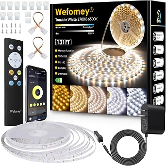Wefomey White LED Strip Lights, Dimmable Bright 24V Flexible Tape Light with Remote and App Control, UL-Listed Power Supply, 2700K-6500K White Lights for Bedroom 1 Rolls of 131ft