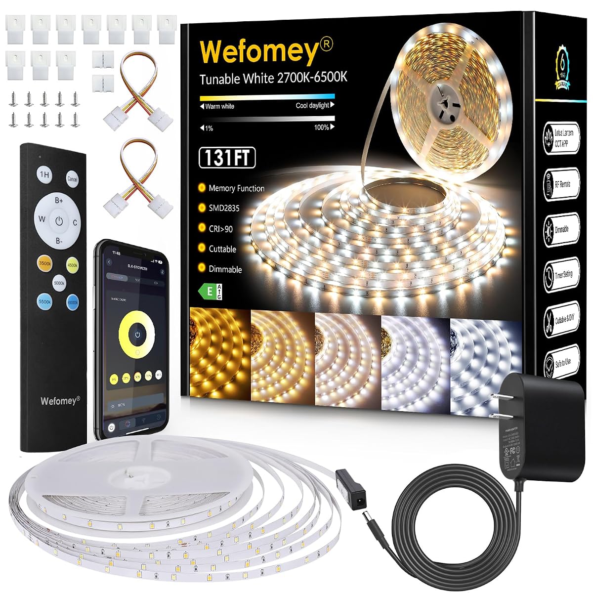 Wefomey LED Strip Lights 24V Dimmable 131ft Flexible Tape Light, Tunable White,